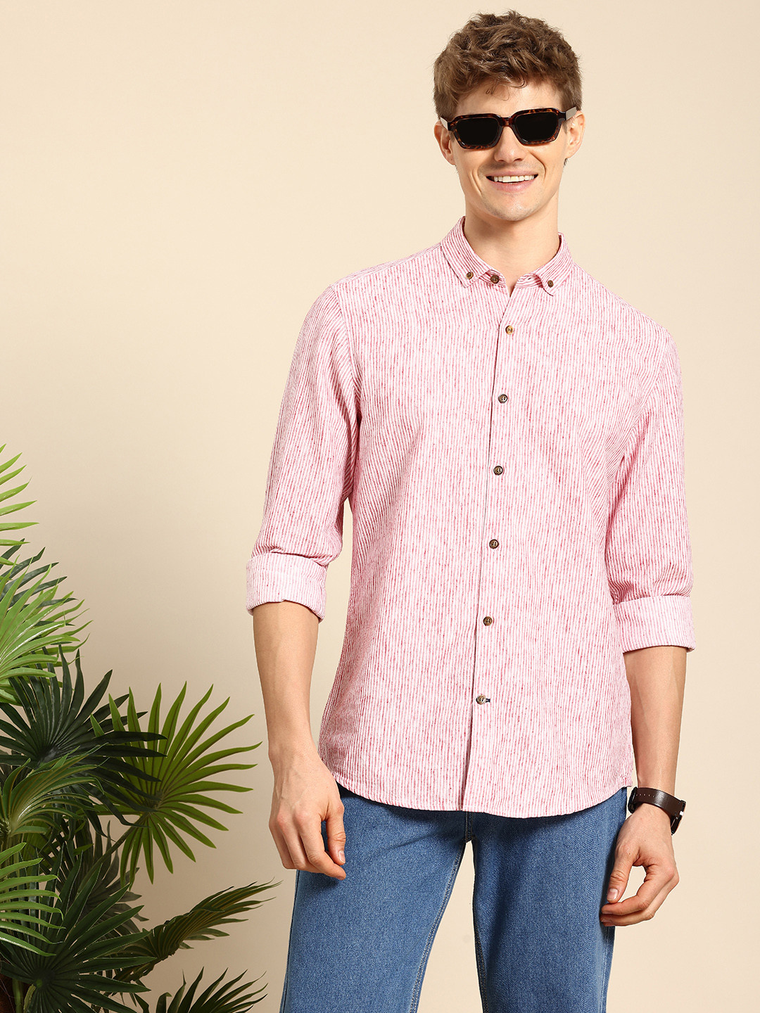 

Mast & Harbour Men Standard Striped Pure Cotton Casual Shirt, Red