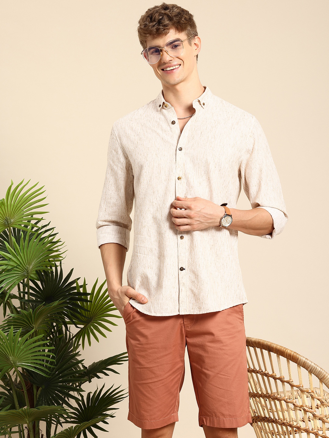 

Mast & Harbour Men Standard Striped Pure Cotton Casual Shirt, Beige