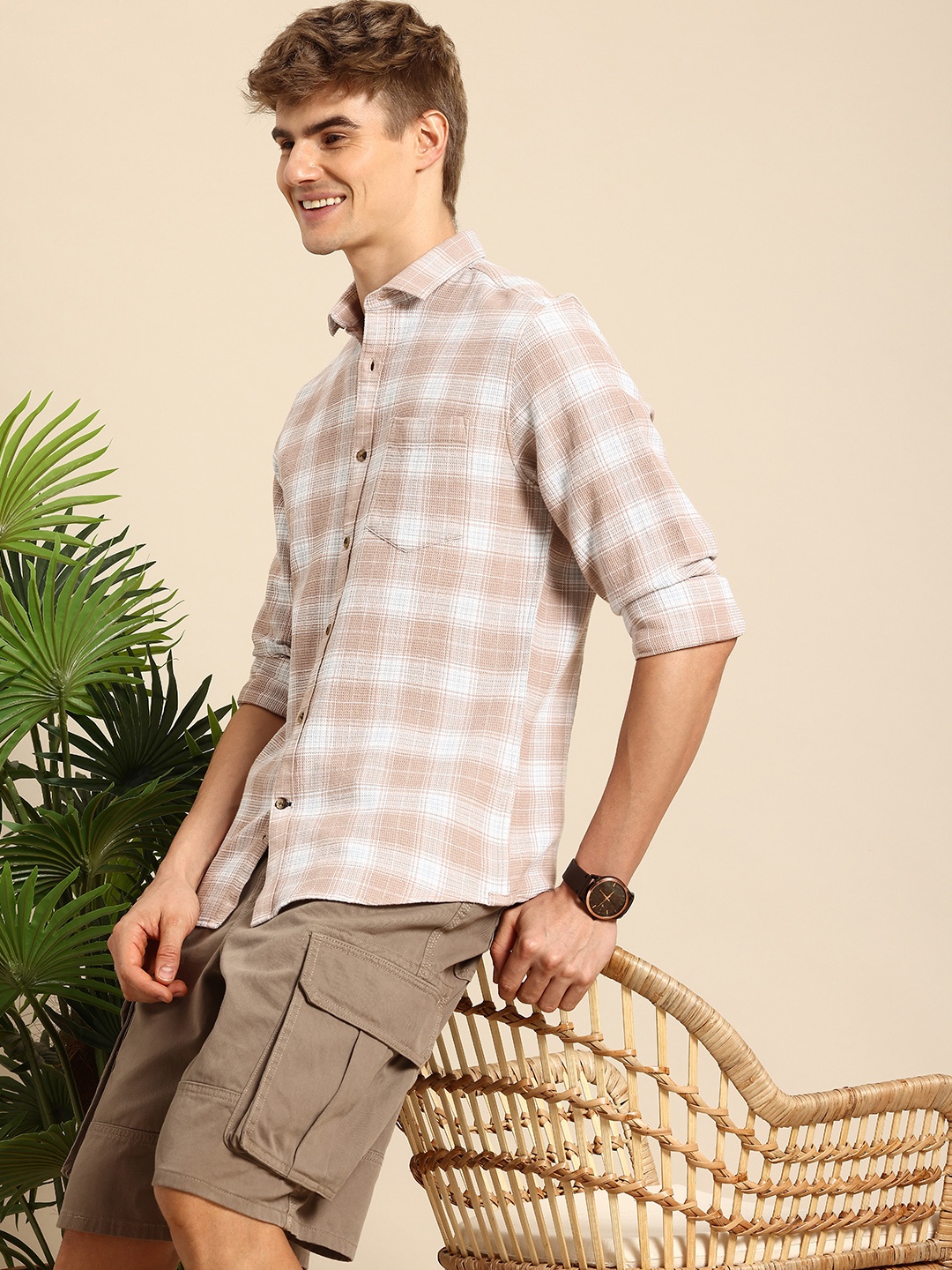 

Mast & Harbour Men Standard Checked Pure Cotton Casual Shirt, Khaki