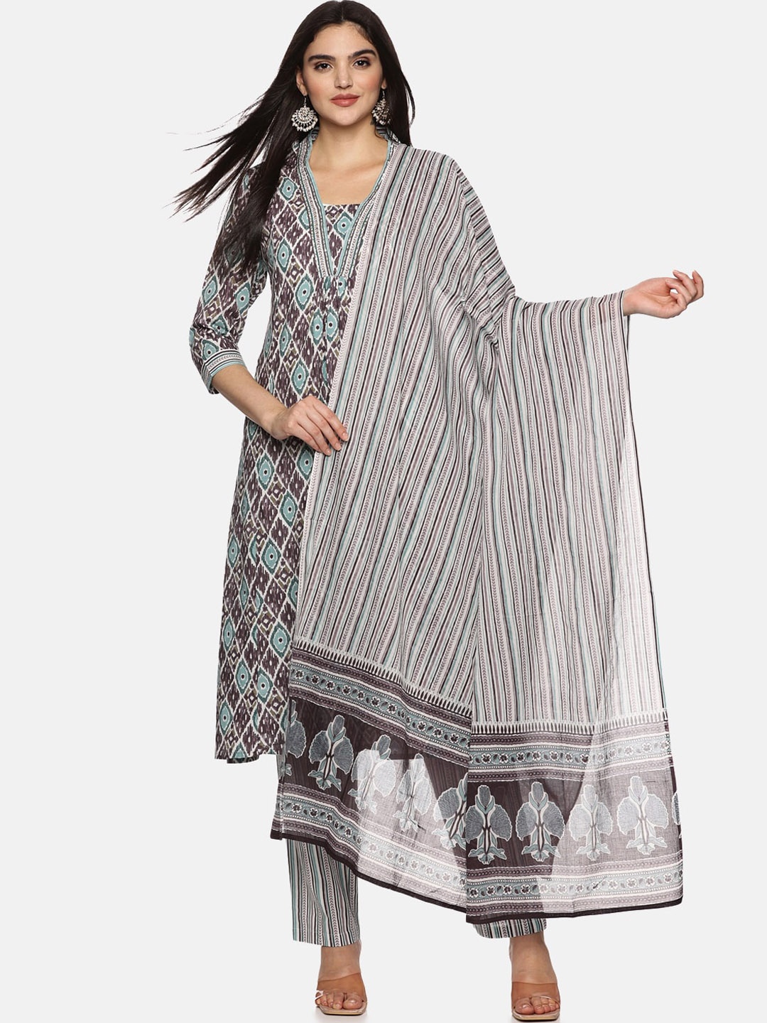 

Palakh Floral Printed V-Neck Three-Quarter Sleeves Sequinned Pure Cotton Kurta Set, Brown