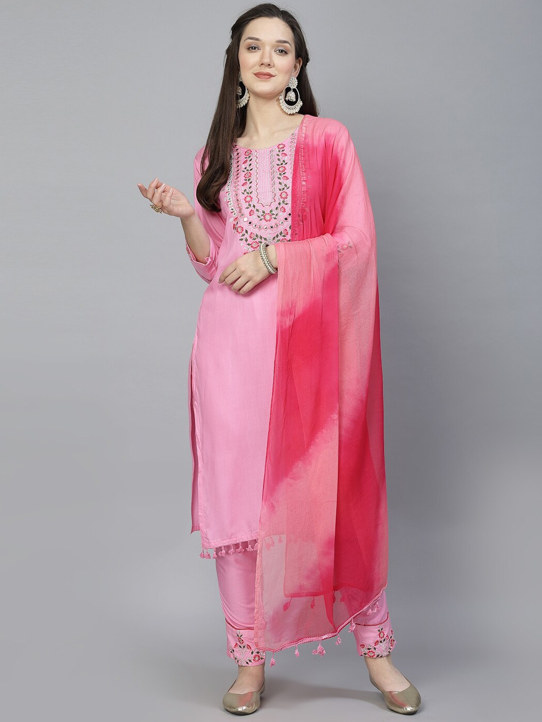 

BAESD Ethnic Motifs Embroidered Regular Mirror Work Straight Kurta With Trousers & Dupatta, Pink