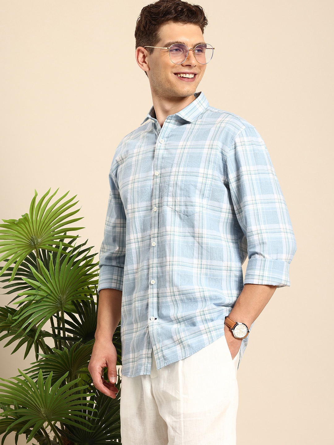 

Mast & Harbour Men Standard Checked Pure Cotton Casual Shirt, Blue