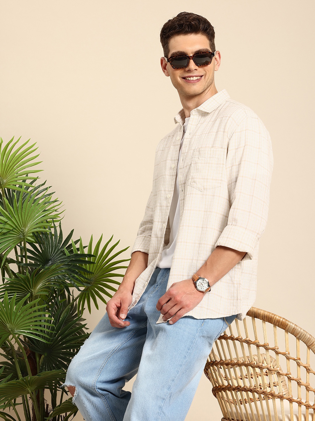 

Mast & Harbour Men Standard Checked Pure Cotton Casual Shirt, Beige