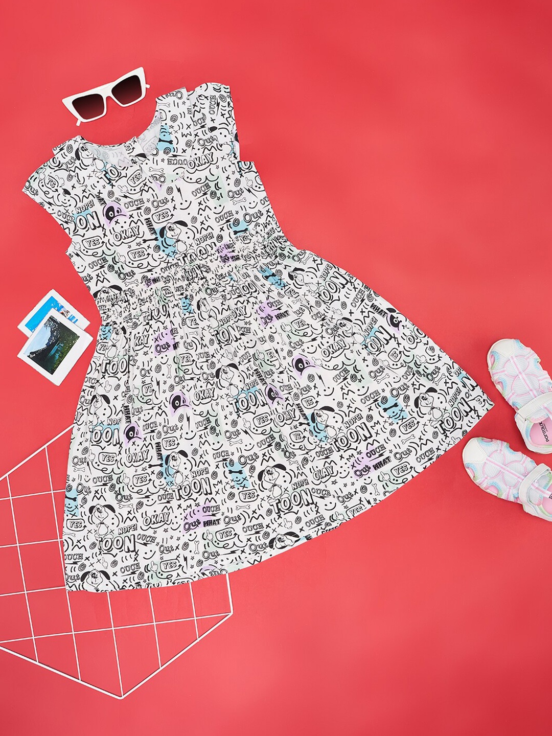 

YU by Pantaloons Girls Conversational Print Fit & Flare Dress, White