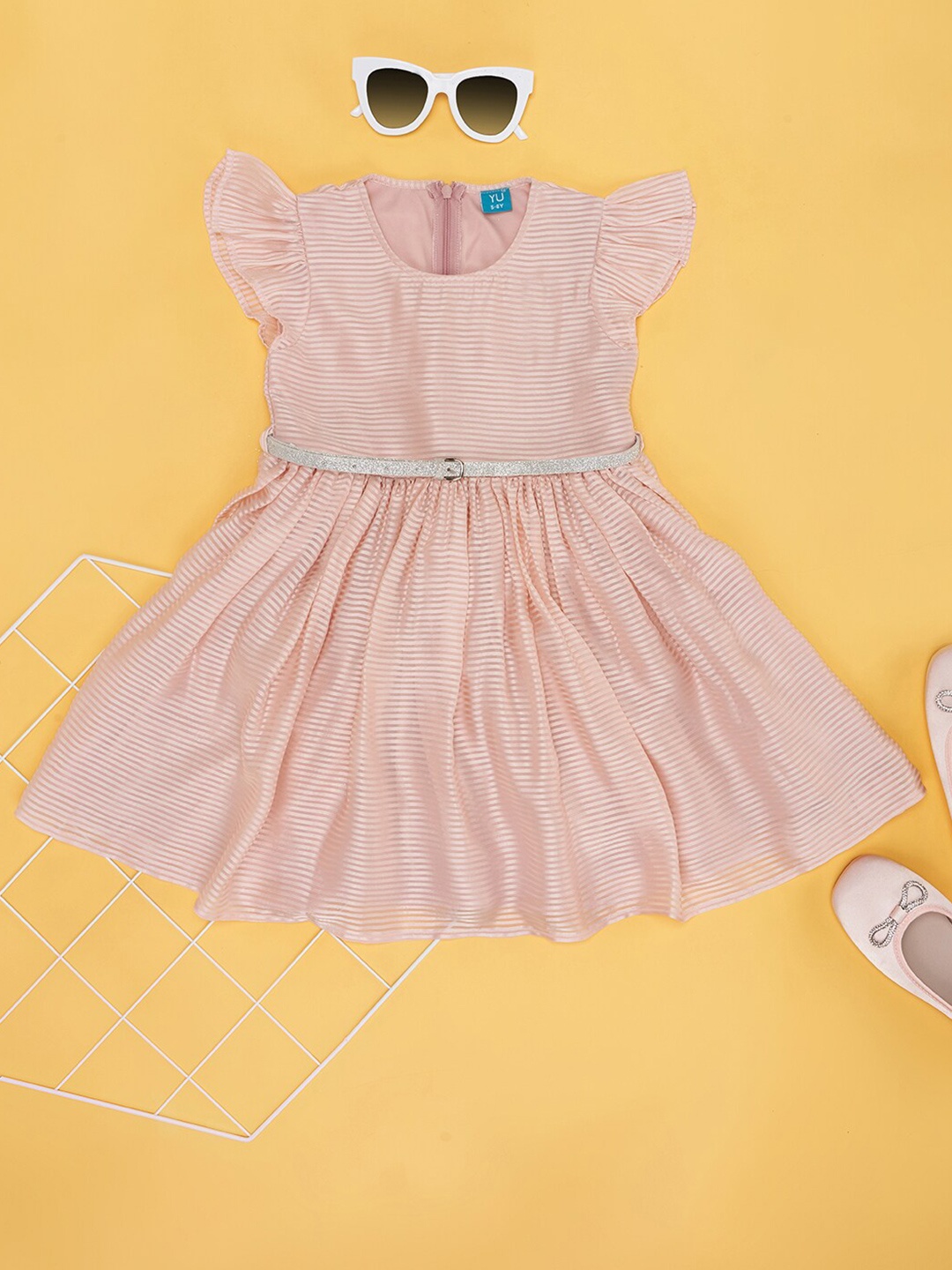 

YU by Pantaloons Girls Striped Flutter Sleeves Fit & Flare Dress, Peach