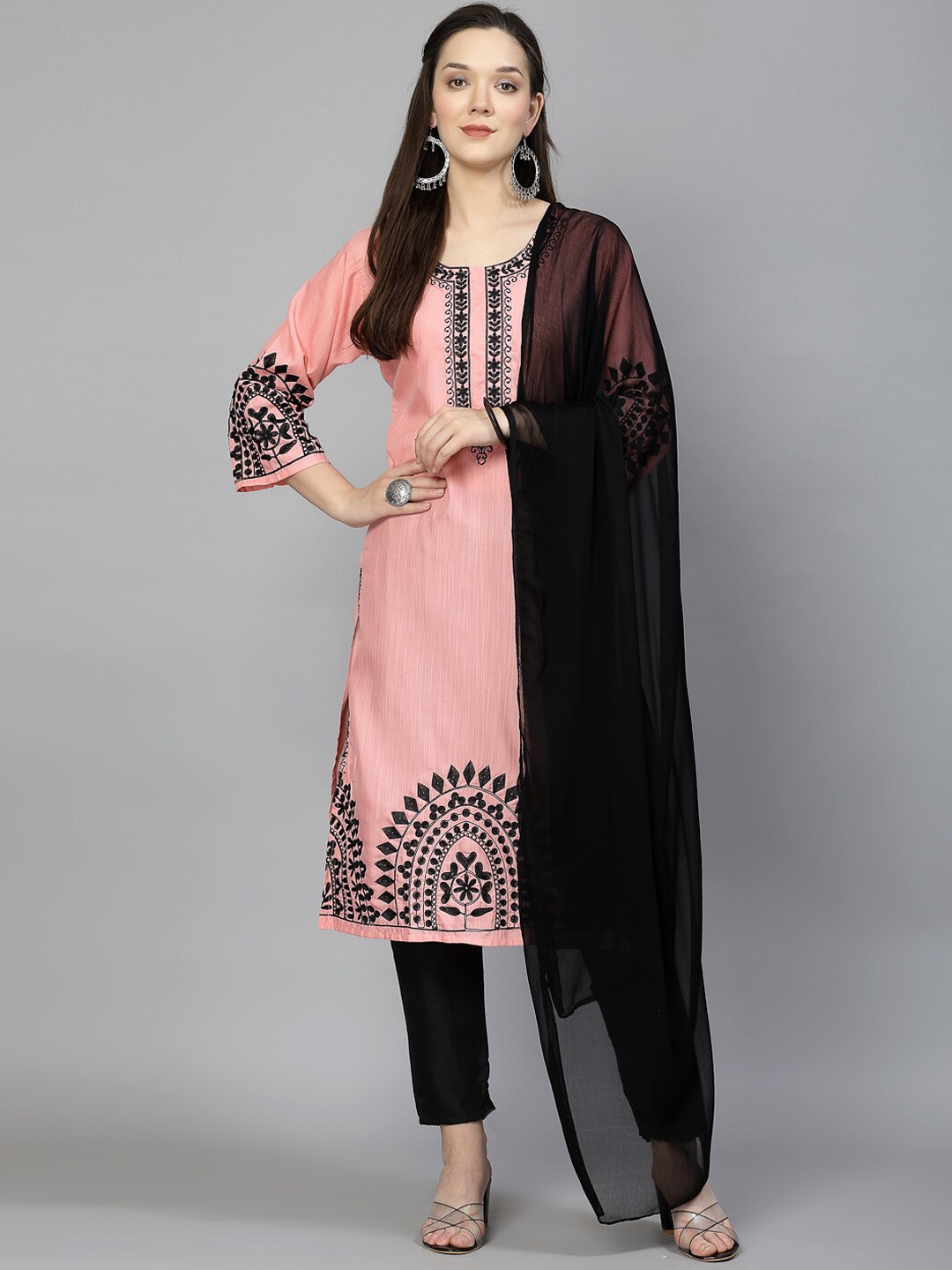 

BAESD Ethnic Motifs Embroidered Regular Thread Work Straight Kurta with Salwar & Dupatta, Pink