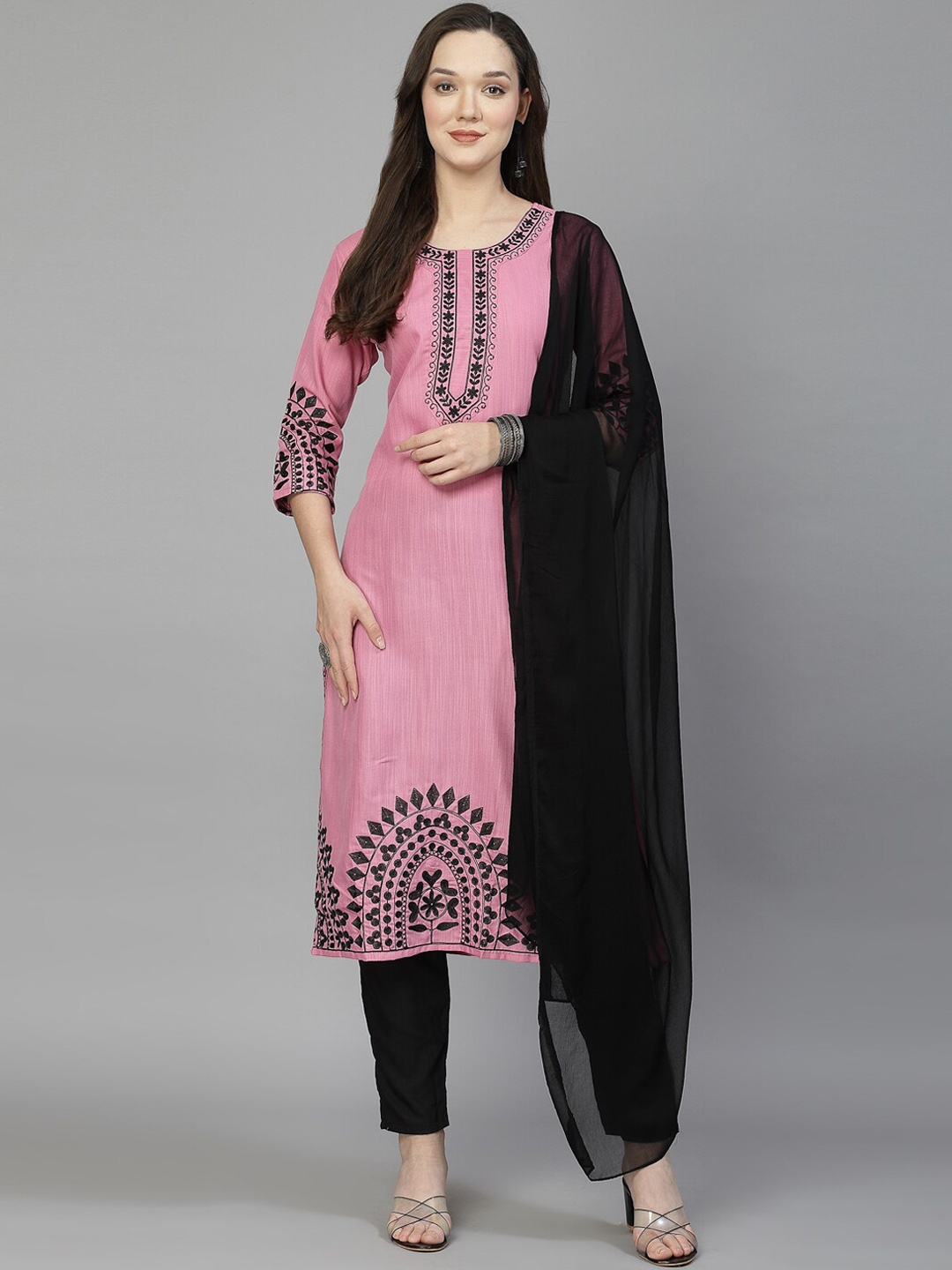 

BAESD Ethnic Motifs Embroidered Thread Work Straight Kurta With Salwar & Dupatta, Magenta