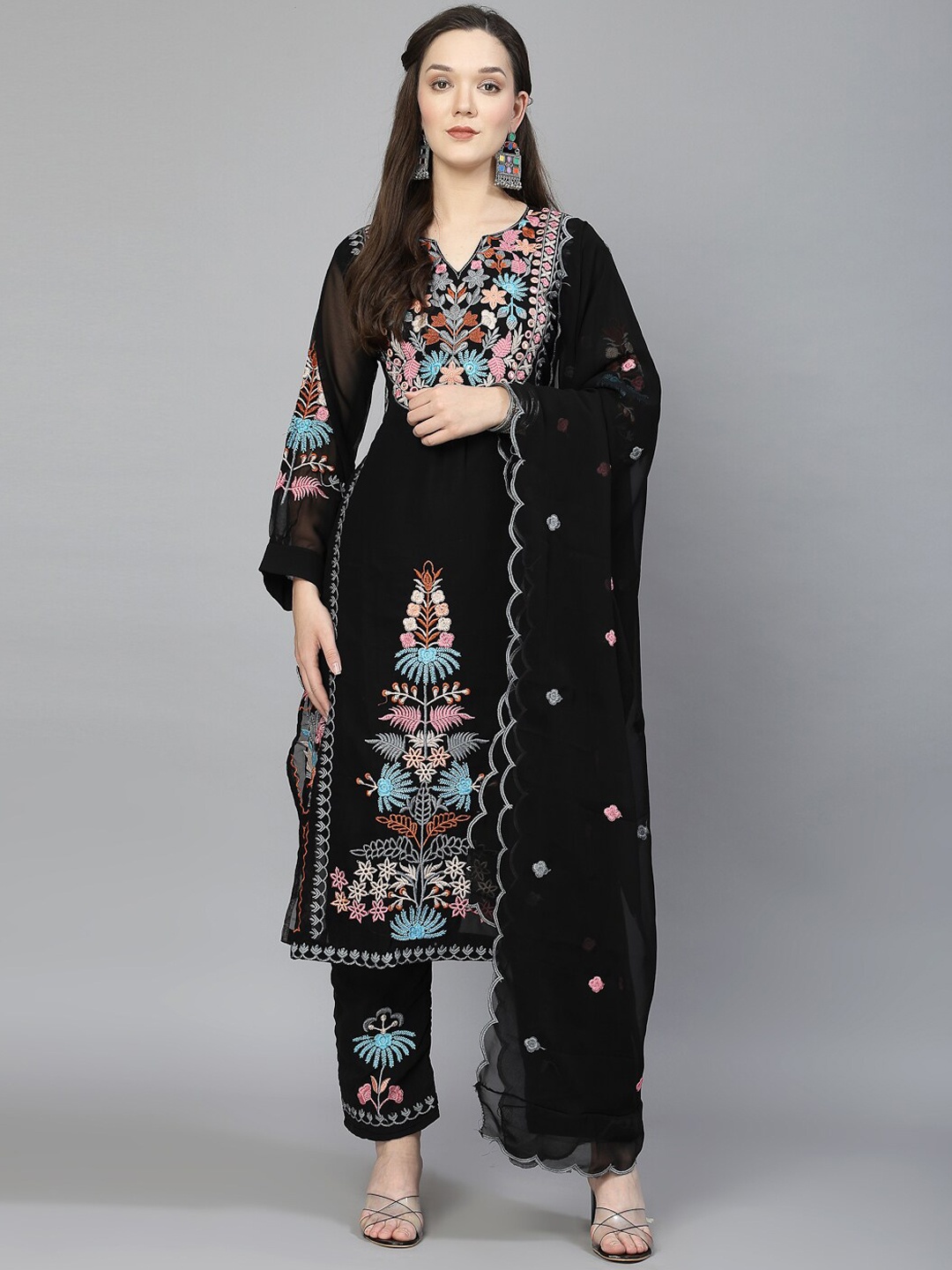 

BAESD Ethnic Motifs Embroidered Regular Mirror Work A-Line Kurta With Trousers & Dupatta, Black