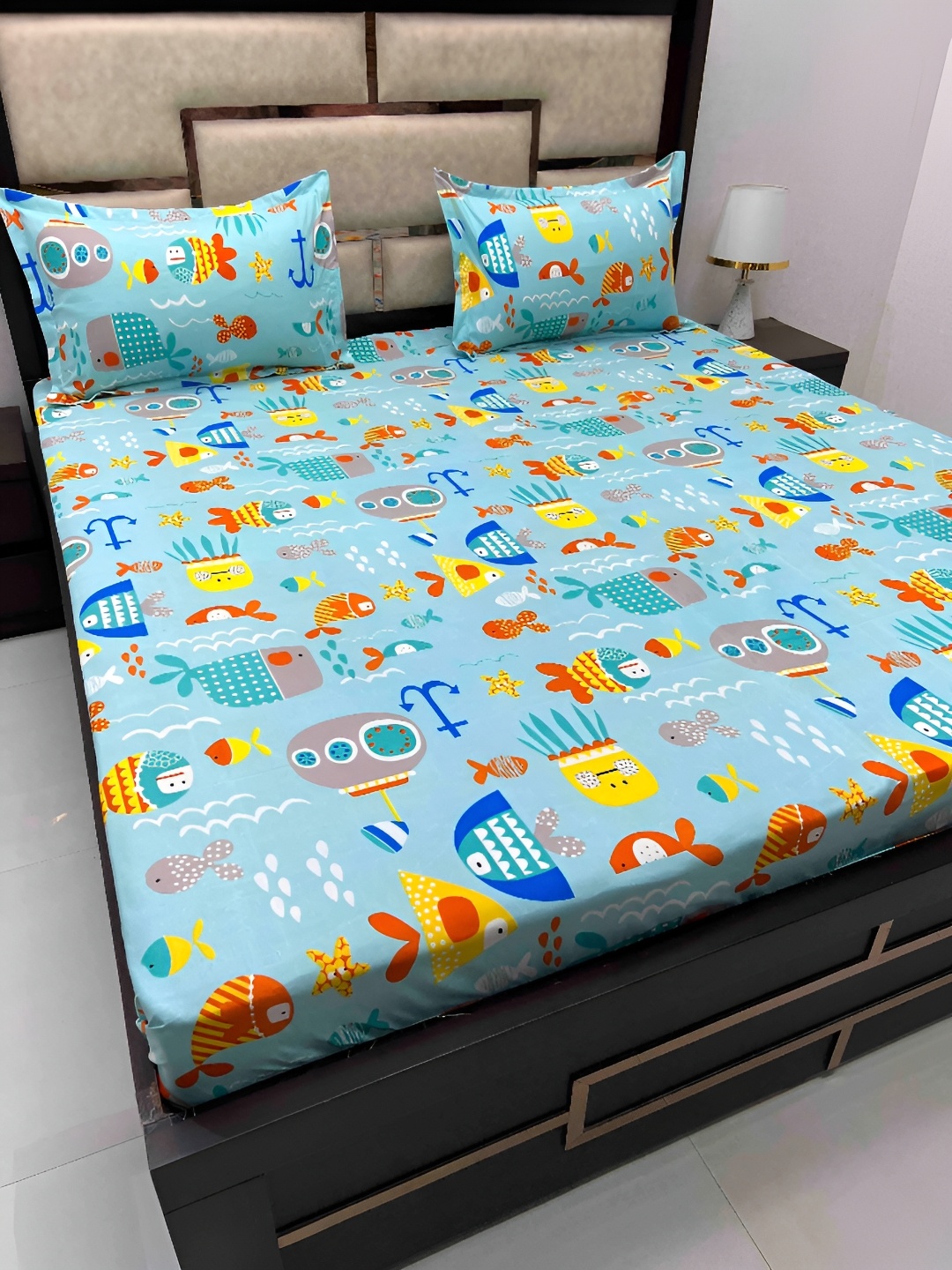 

Pure Decor Blue & Yellow Cartoon Characters Cotton Queen Bedsheet with 2 Pillow Covers