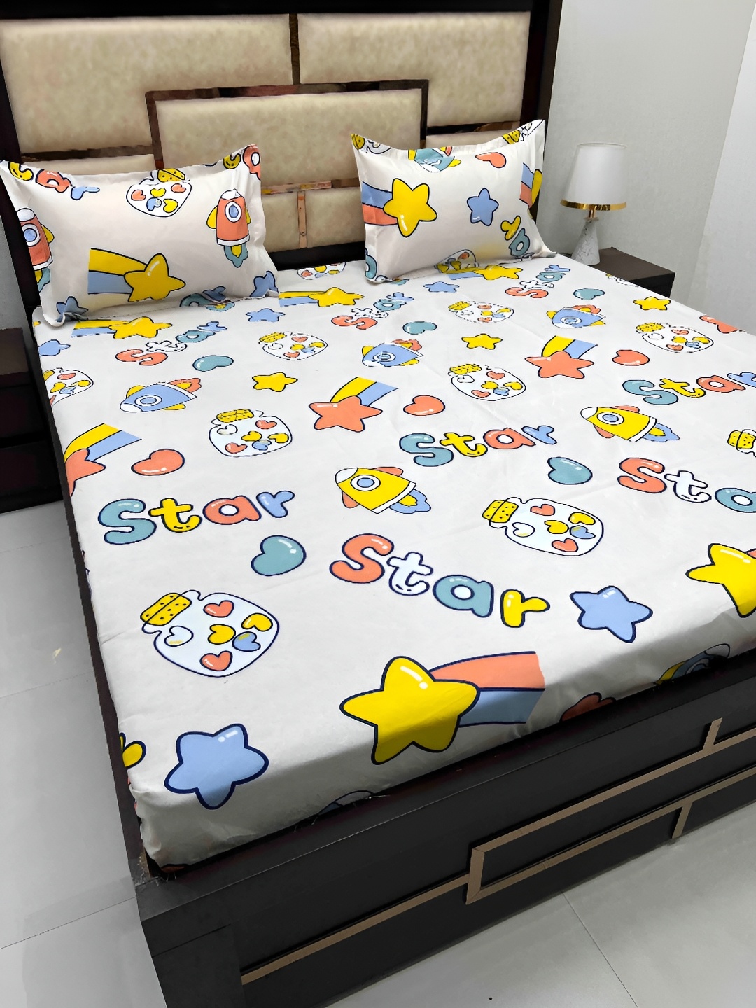 

Pure Decor Grey & Blue Cartoon Characters 240TC Cotton Queen Bedsheet with 2 Pillow Covers