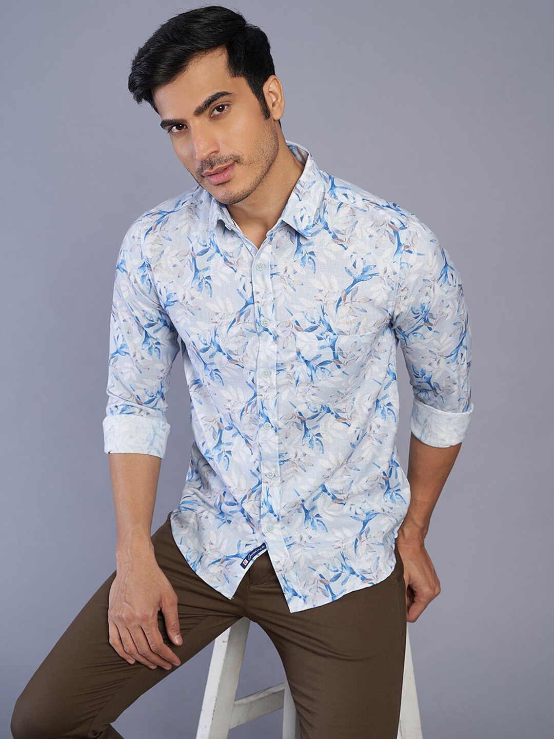 

Greenfibre Slim Fit Floral Printed Spread Collar Cotton Casual Shirt, Blue
