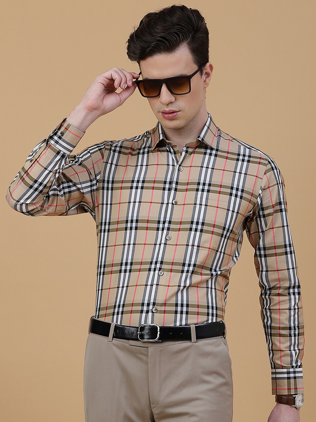 

METAL Slim Fit Tartan Checks Opaque Checked Cotton Formal Shirt, Beige