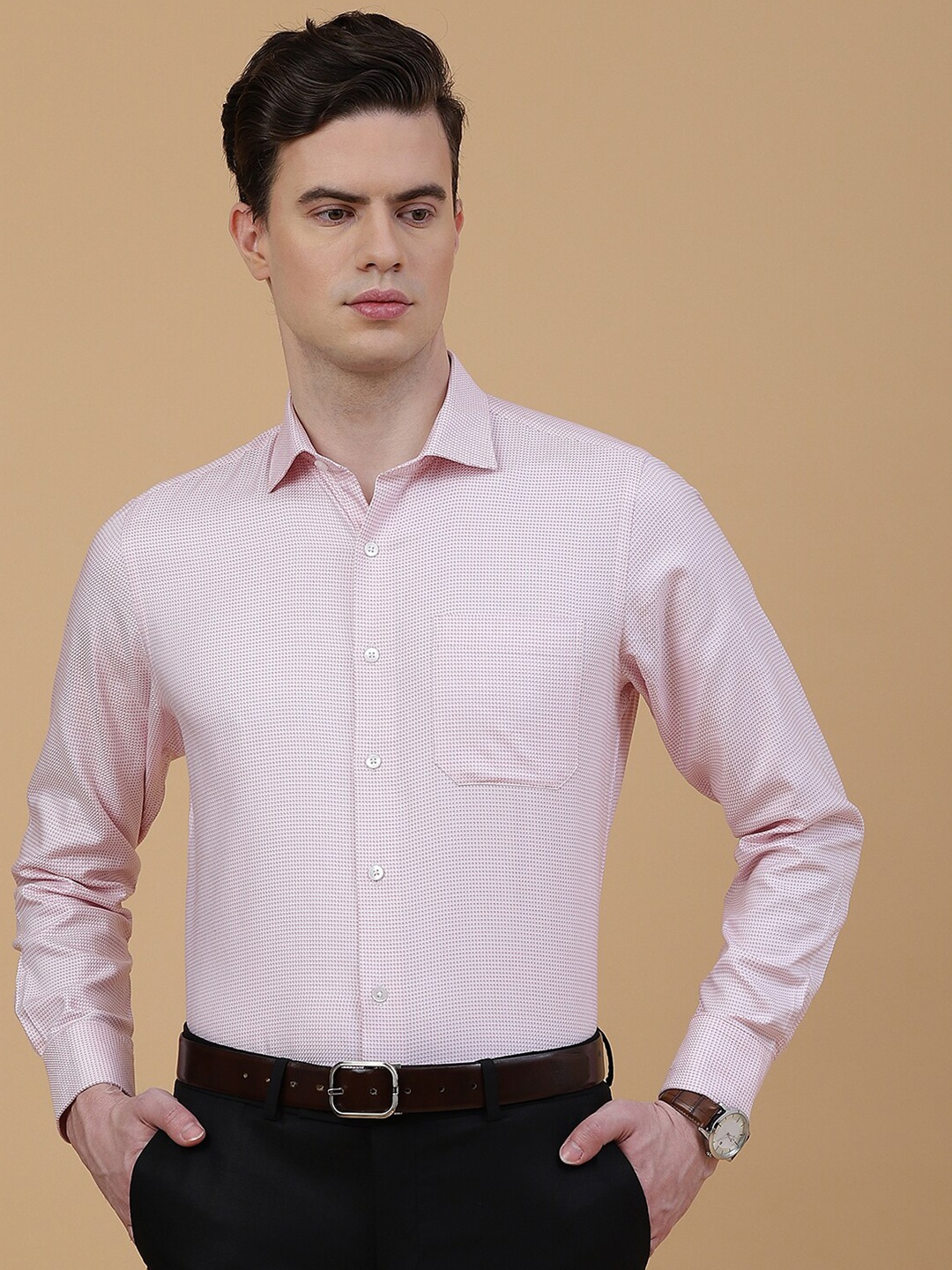 

METAL Slim Fit Opaque Checked Cotton Formal Shirt, Pink