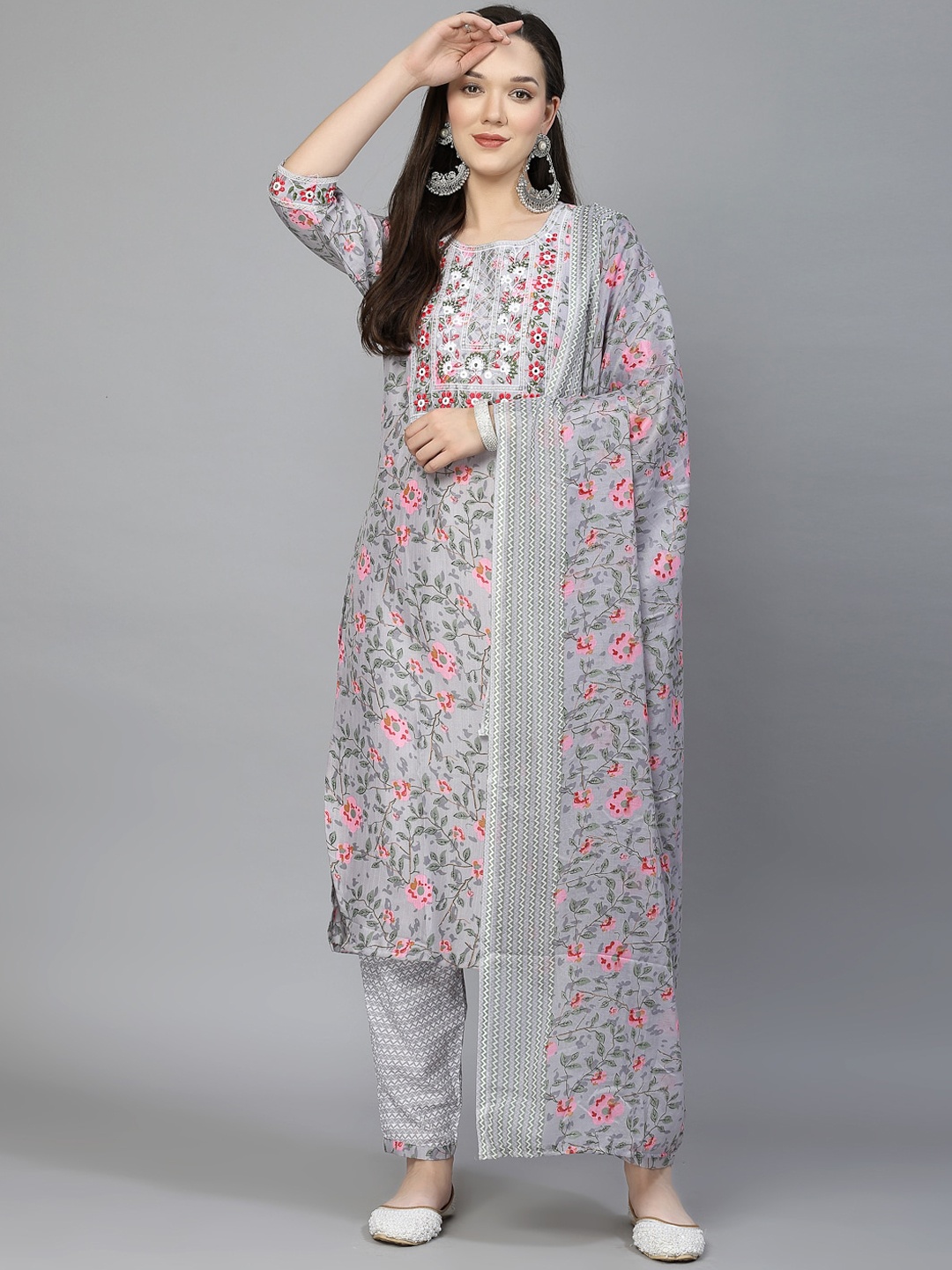 

BAESD Ethnic Motifs Embroidered Mirror Work Straight Kurta With Trousers & Dupatta, Grey