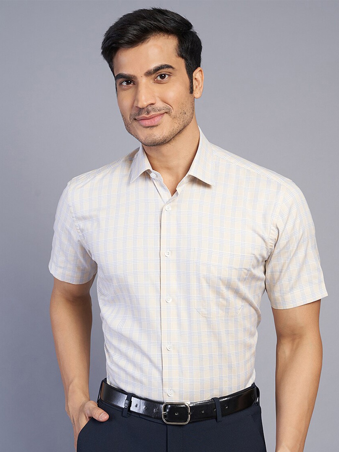 

JADE BLUE Grid Tattersall Checks Cotton Formal Shirt, Yellow