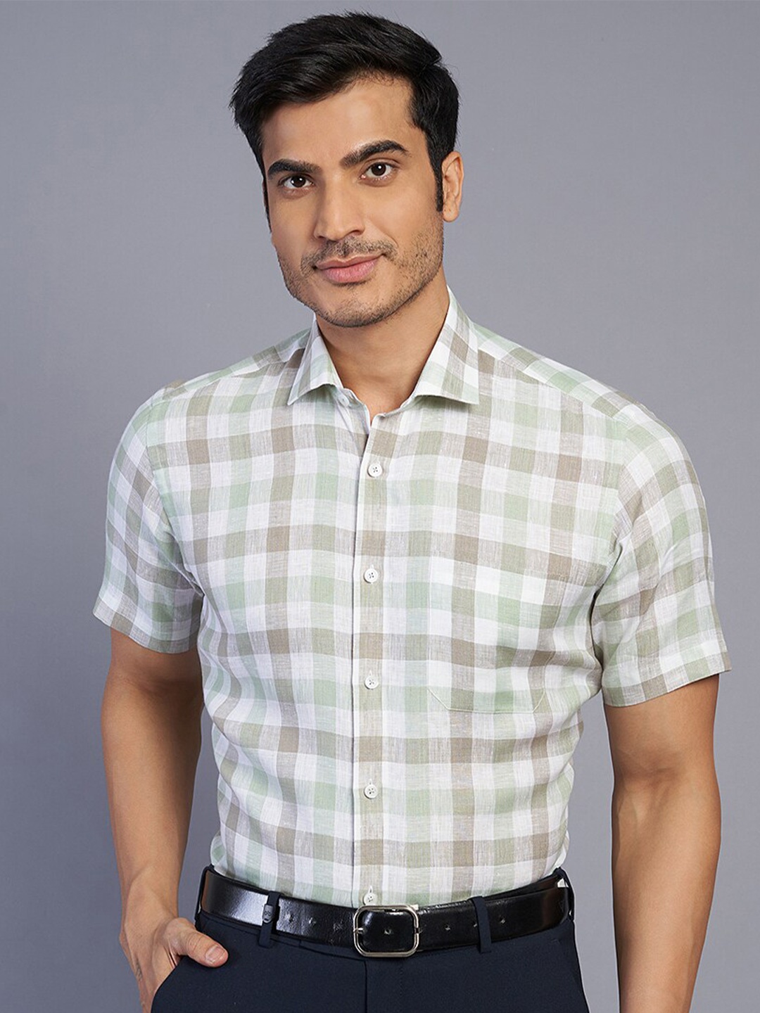 

JADE BLUE Gingham Checks Spread Collar Short Sleeves Linen Formal Shirt, Green