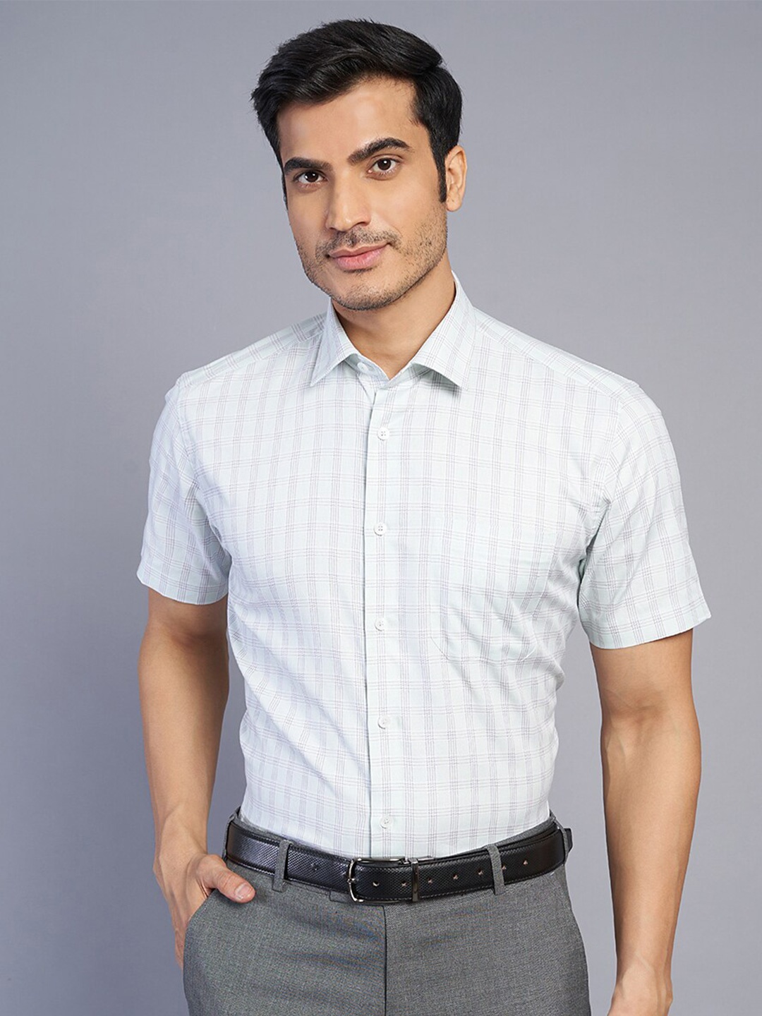 

JADE BLUE Grid Tattersall Checks Short Sleeves Spread Collar Cotton Opaque Formal Shirt, Green