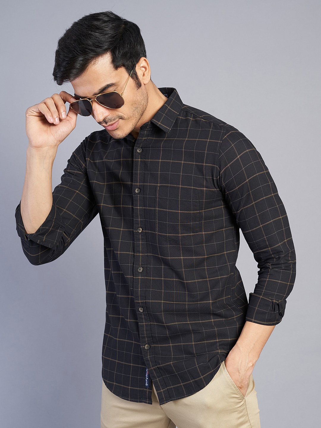 

JADE BLUE Slim Fit Windowpane Checks Opaque Cotton Casual Shirt, Black