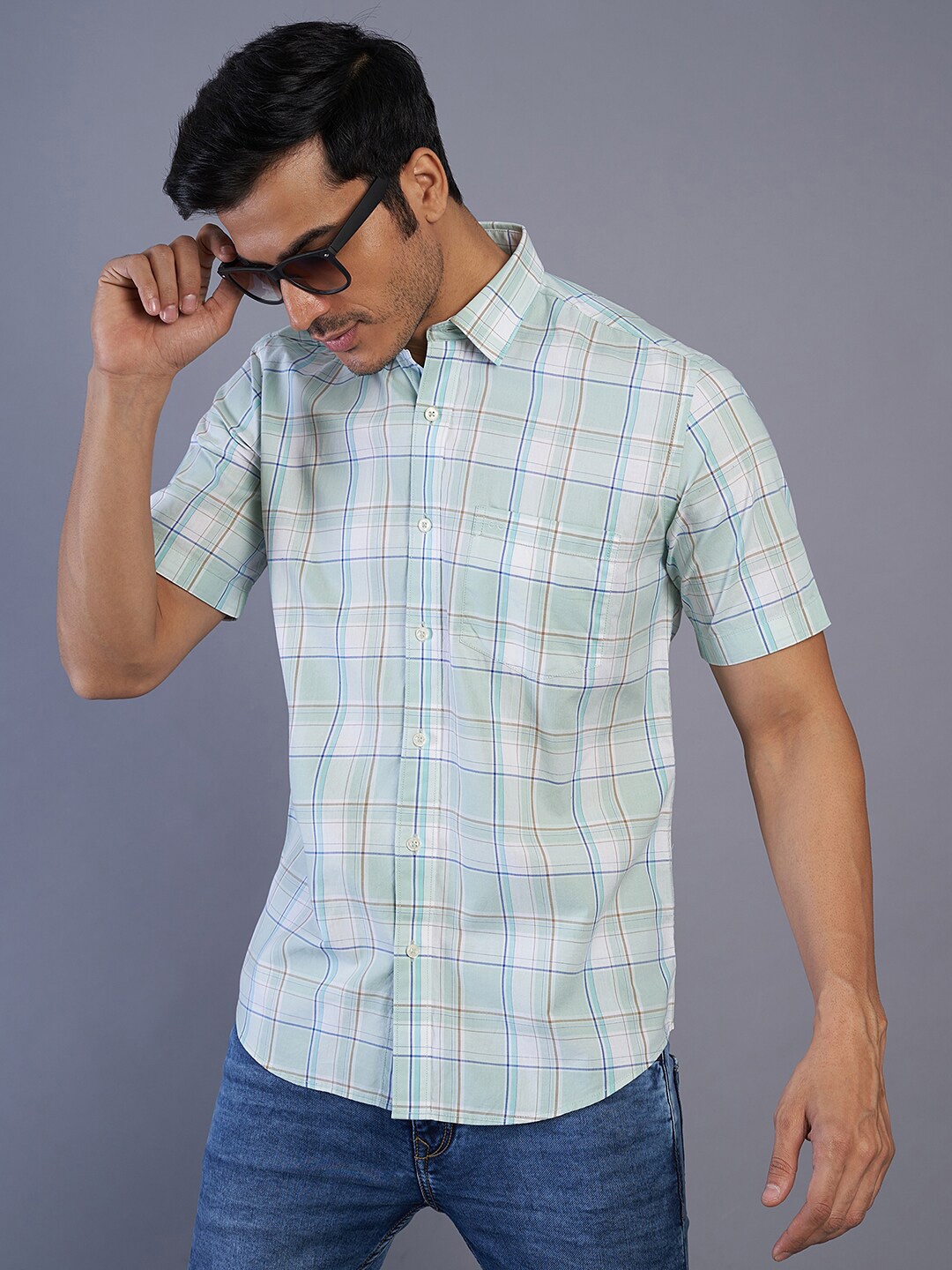 

JADE BLUE Slim Fit Windowpane Checks Opaque Cotton Casual Shirt, Green