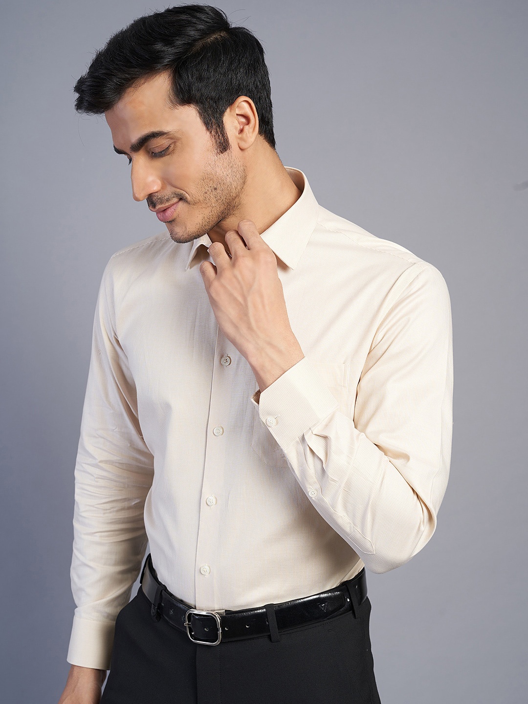 

JADE BLUE Solid Cotton Formal Shirt, Beige