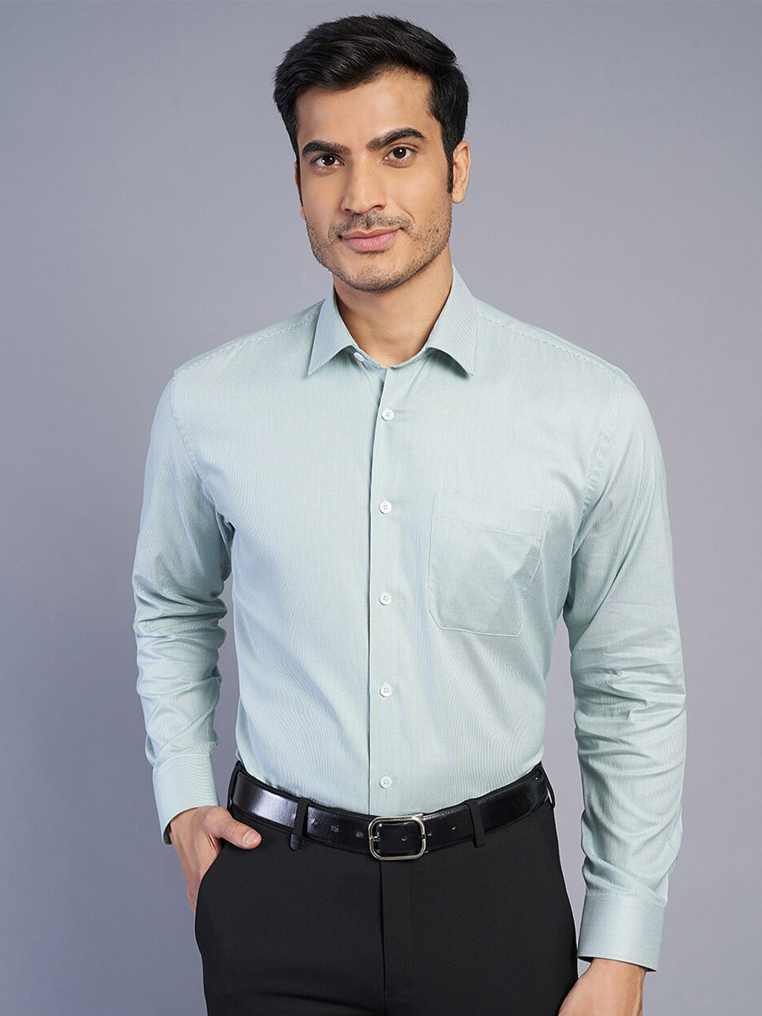 

JADE BLUE Solid Cotton Formal Shirt, Green