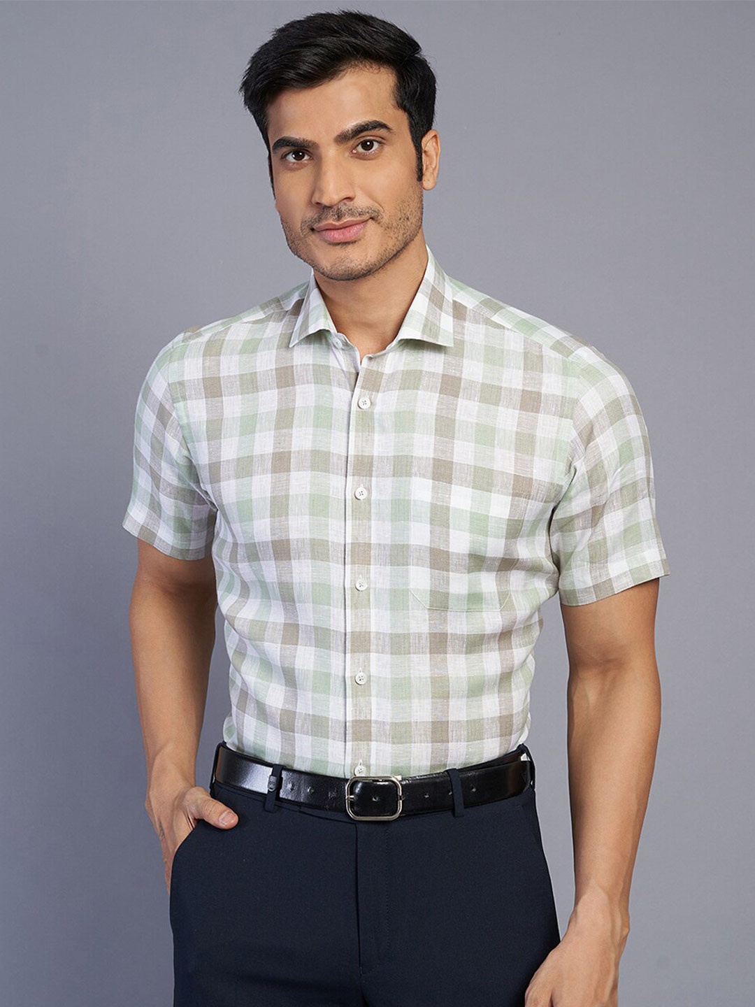 

JADE BLUE Gingham Checks Spread Collar Short Sleeves Linen Formal Shirt, Green