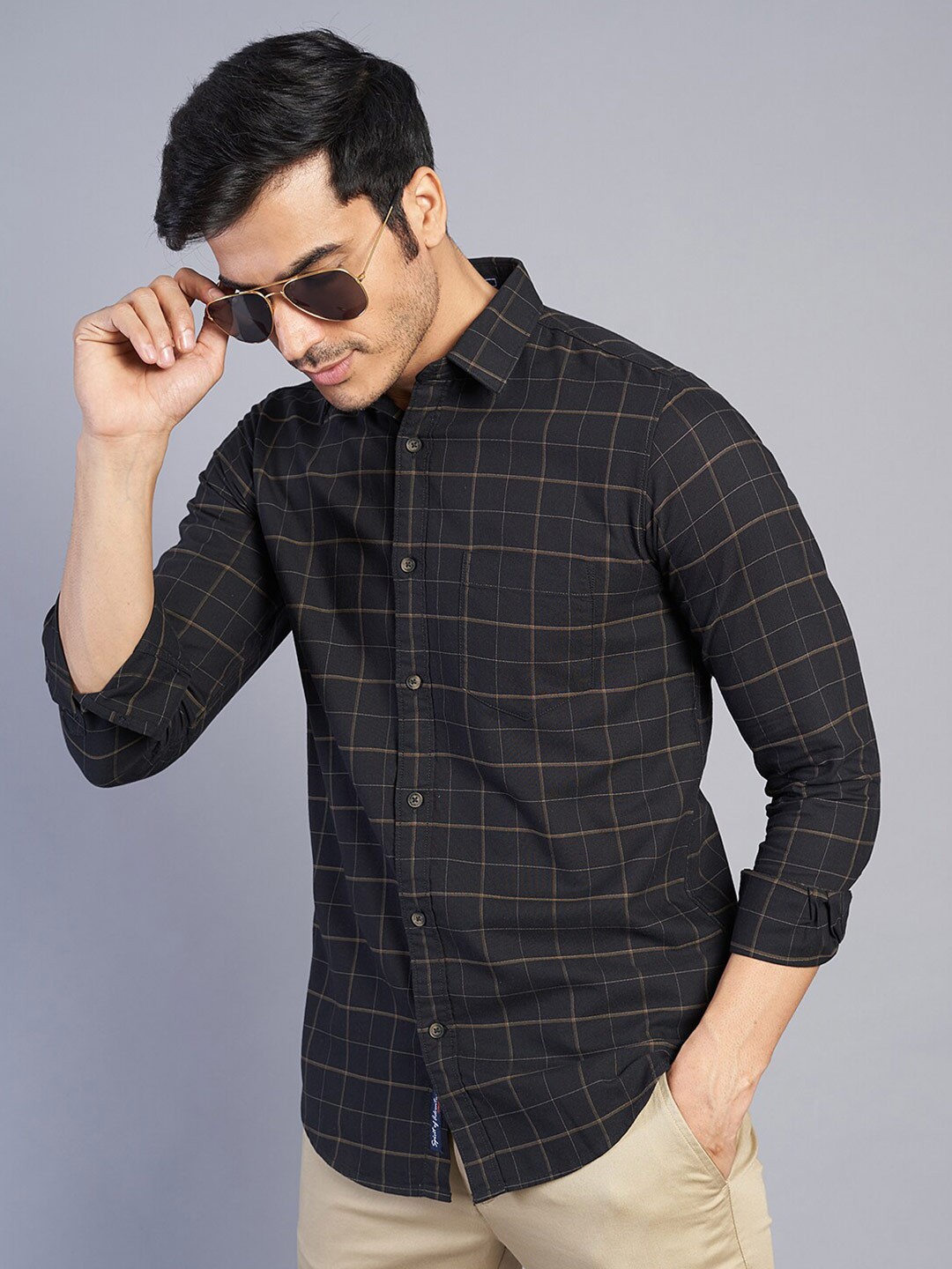 

JADE BLUE Checked Cutaway Collar Long Sleeves Slim Fit Cotton Casual Shirt, Black