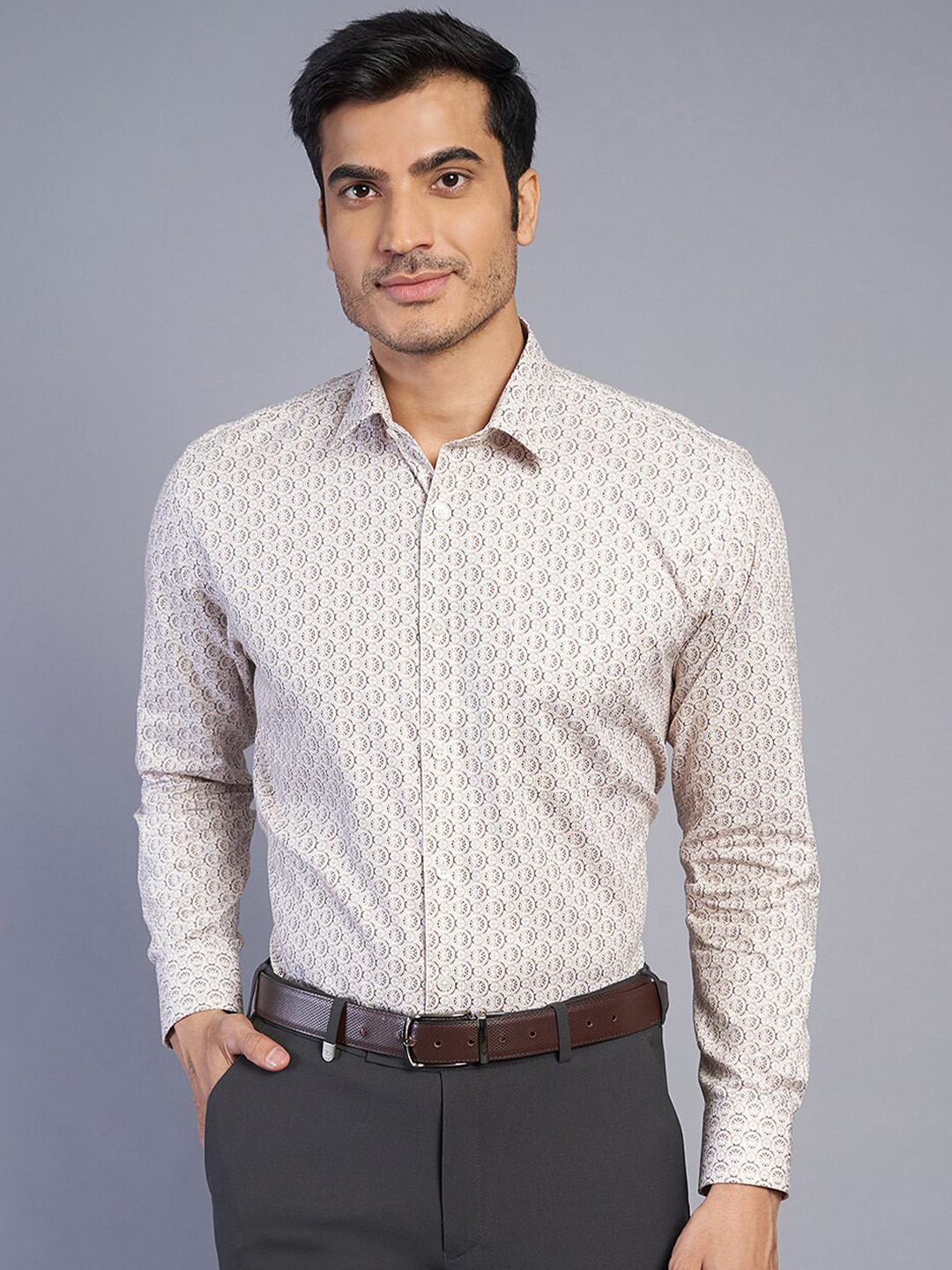 

JADE BLUE Geometric Printed Cotton Formal Shirt, Beige