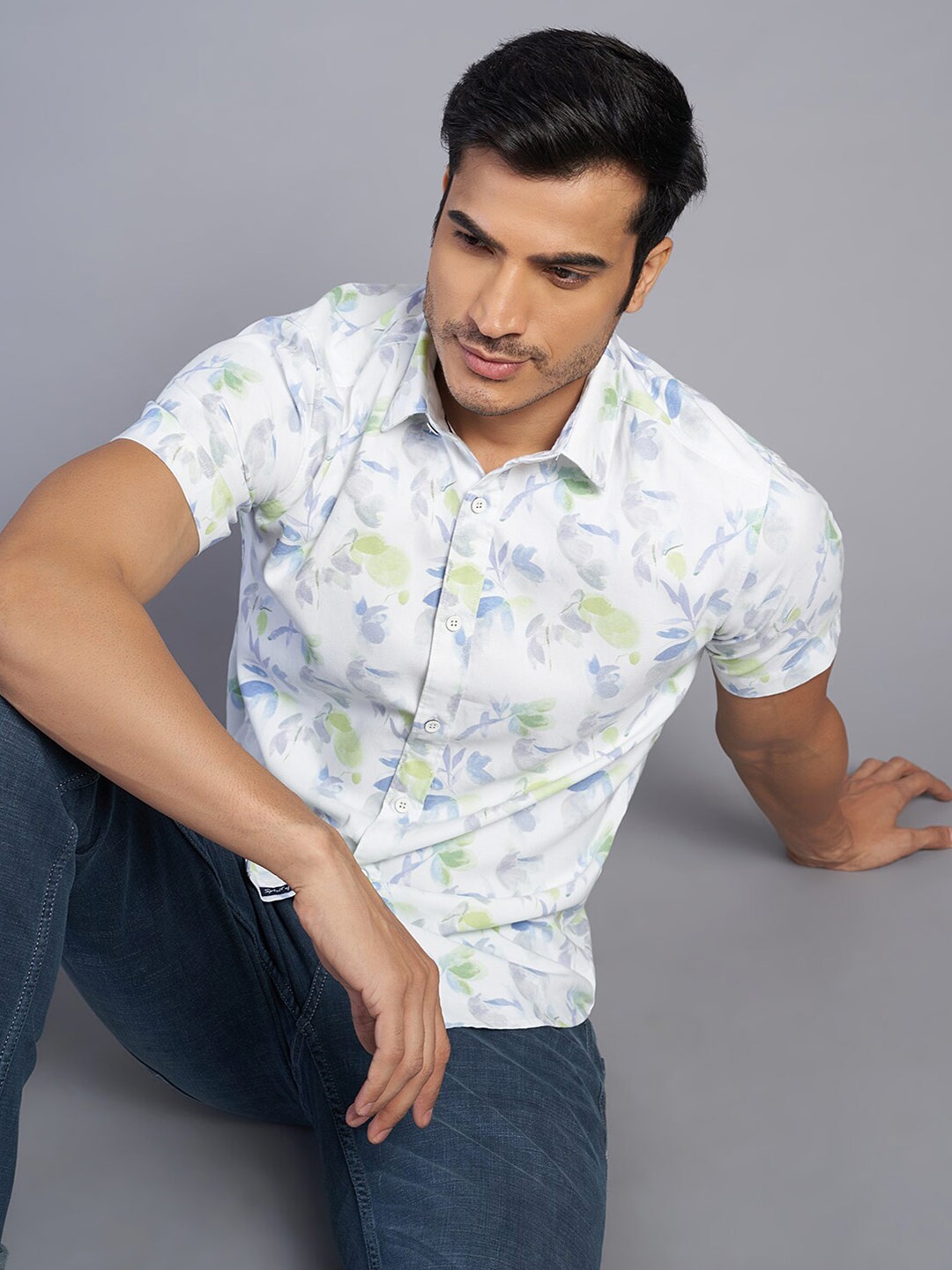 

JADE BLUE Slim Fit Floral Printed Cotton Casual Shirt, White