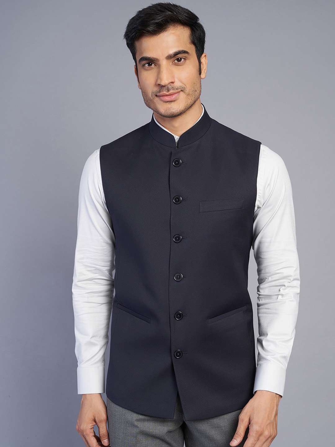 

MODI JACKET Mandarin Collar Woollen Nehru Jackets, Navy blue
