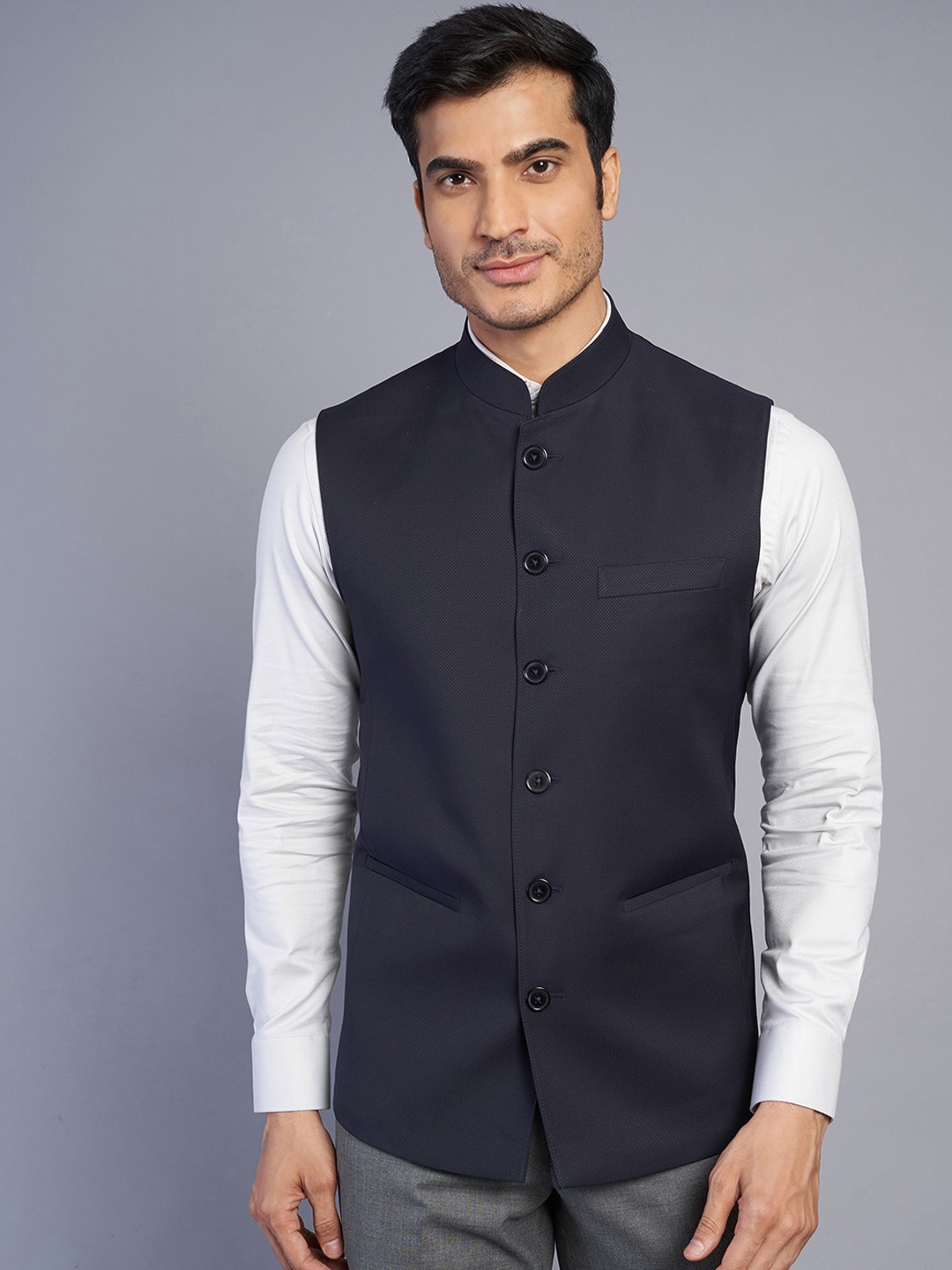 

MODI JACKET Mandarin Collar Woollen Nehru Jackets, Navy blue