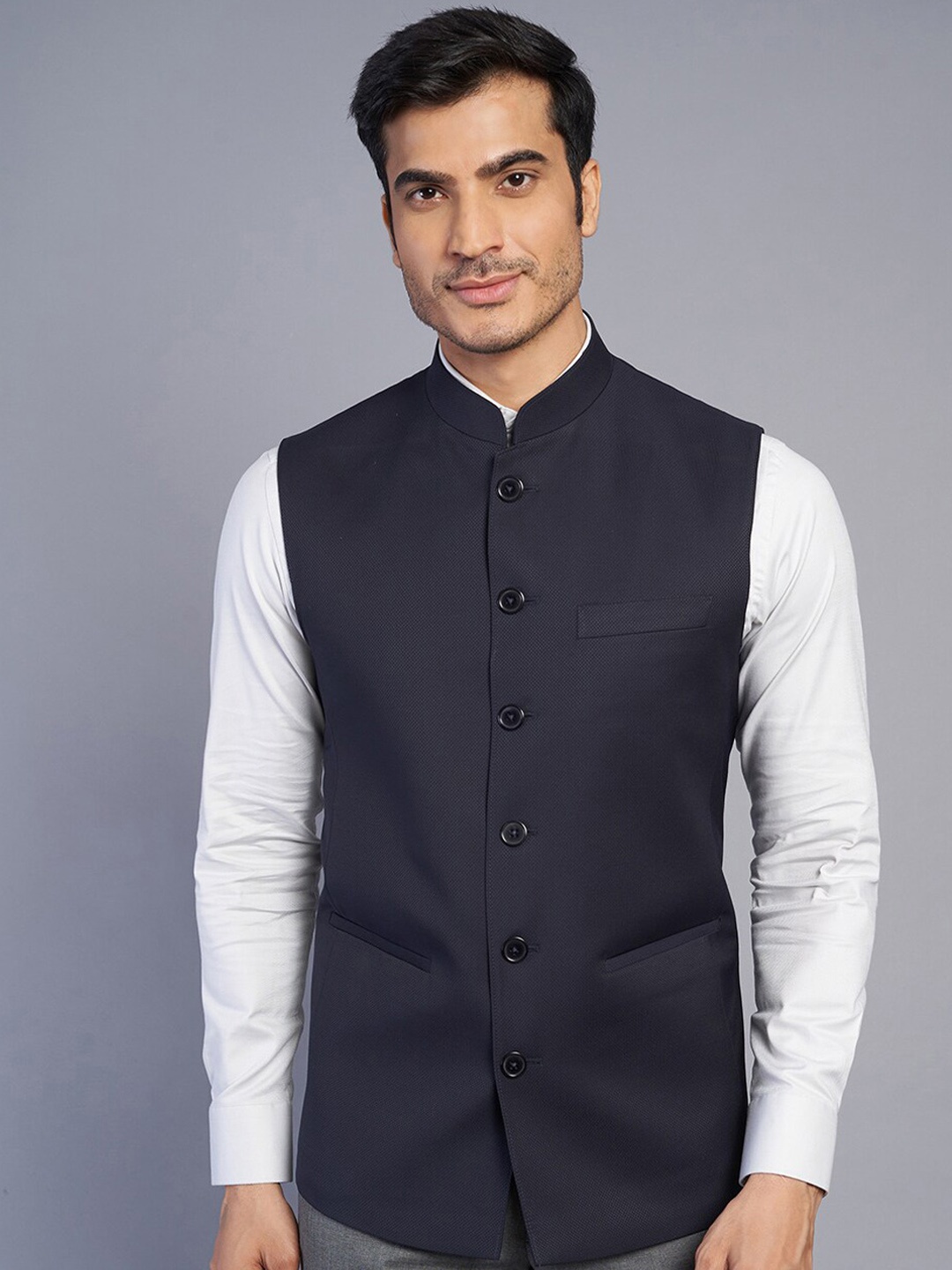 

MODI JACKET Mandarin Collar Woollen Nehru Jackets, Navy blue