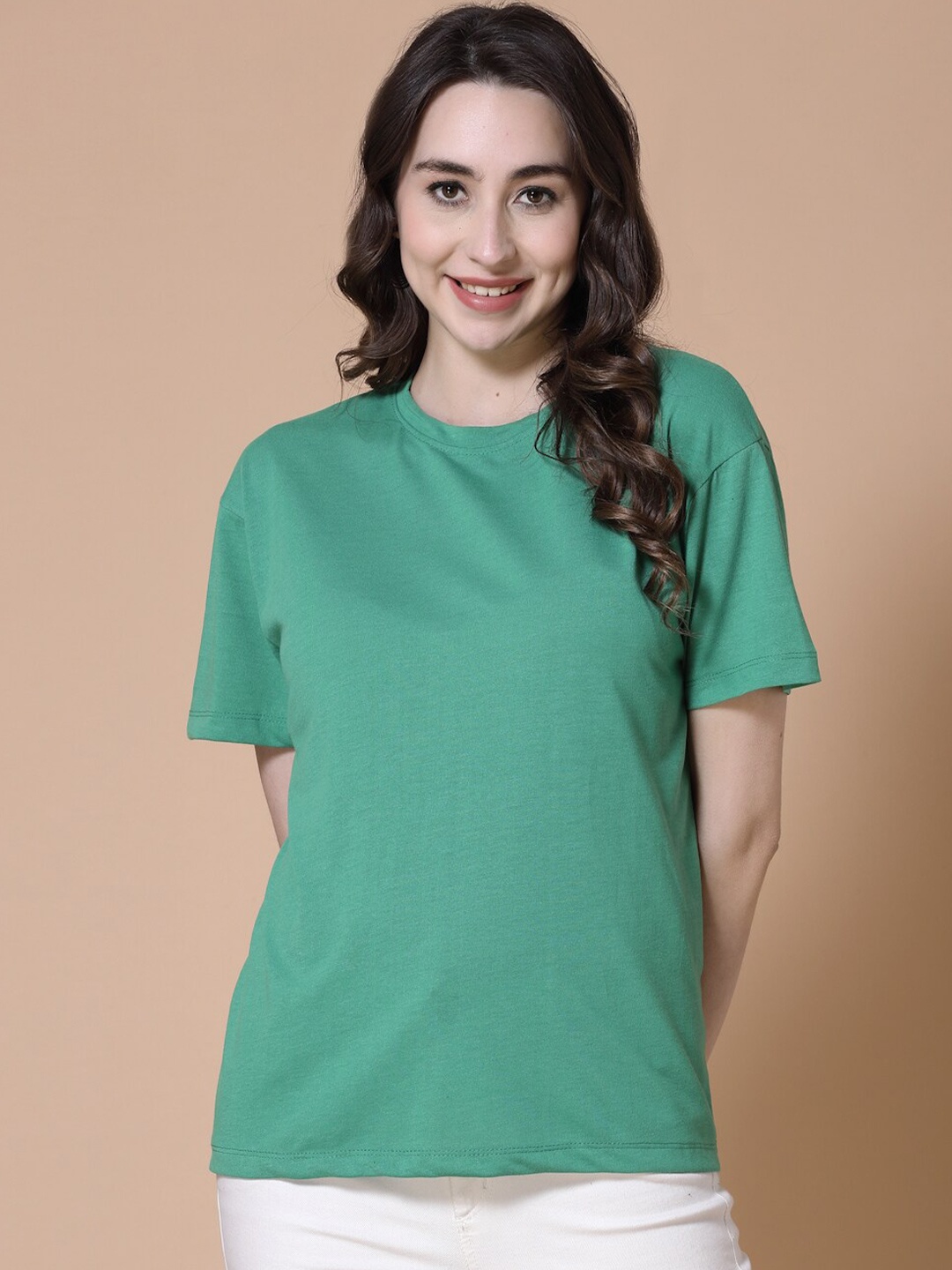 

Dressberry Basics Green Drop-Shoulder Sleeves Cotton T-shirt