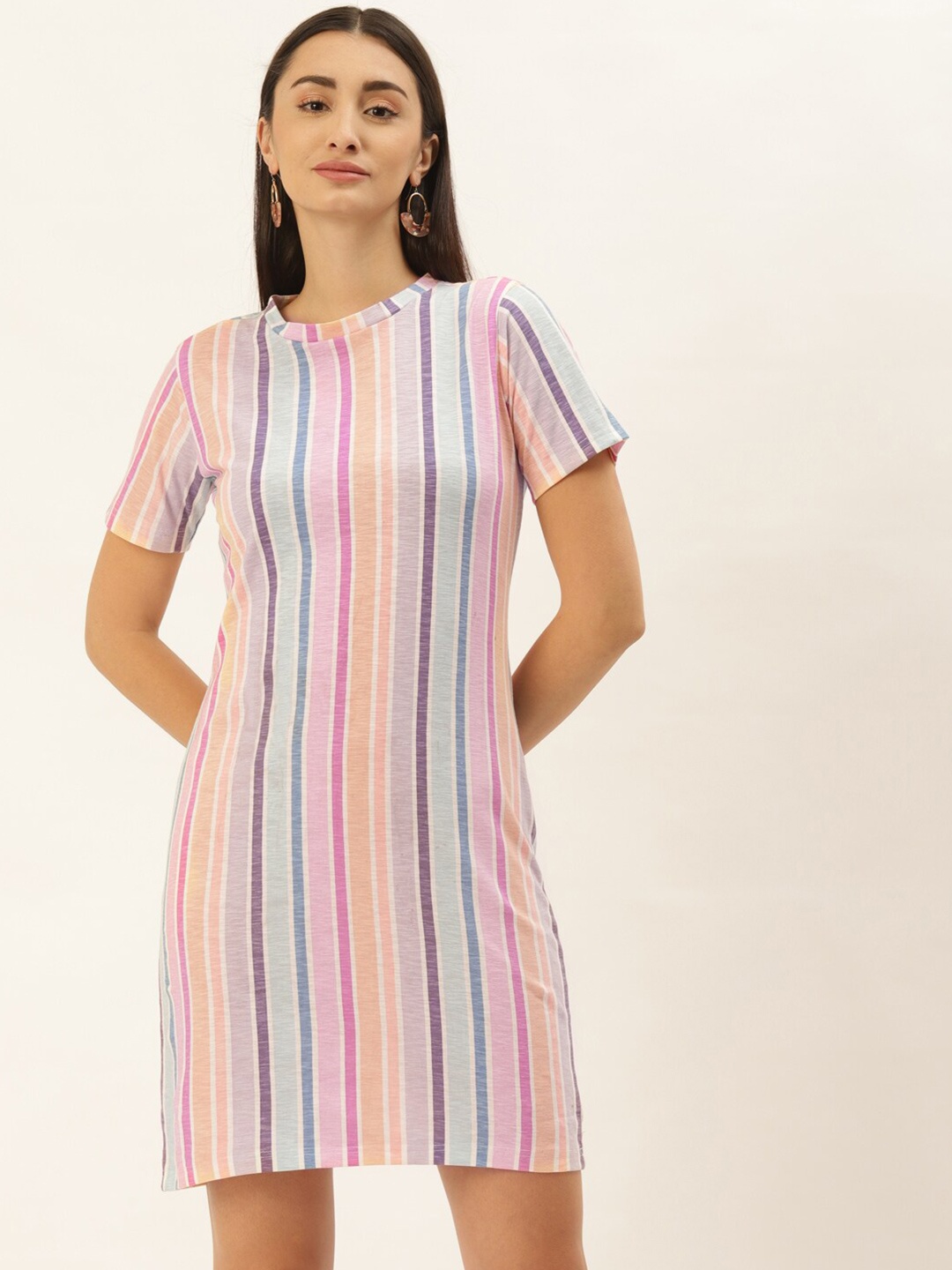 

DressBerry Orange & Pink Striped High Neck Cotton Sheath Dress