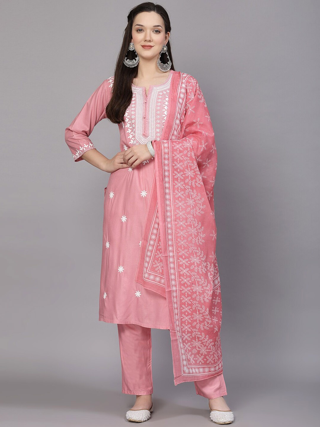 

BAESD Ethnic Motifs Embroidered Thread Work Straight Kurta With Trousers & Dupatta, Pink