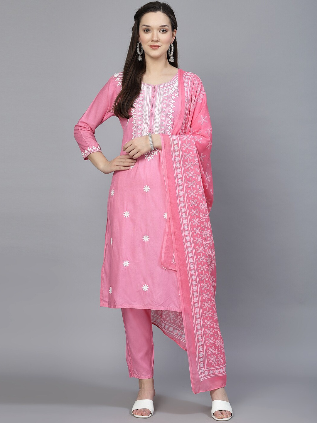 

BAESD Ethnic Motifs Embroidered Regular Thread Work Straight Kurta With Trousers & Dupatta, Pink