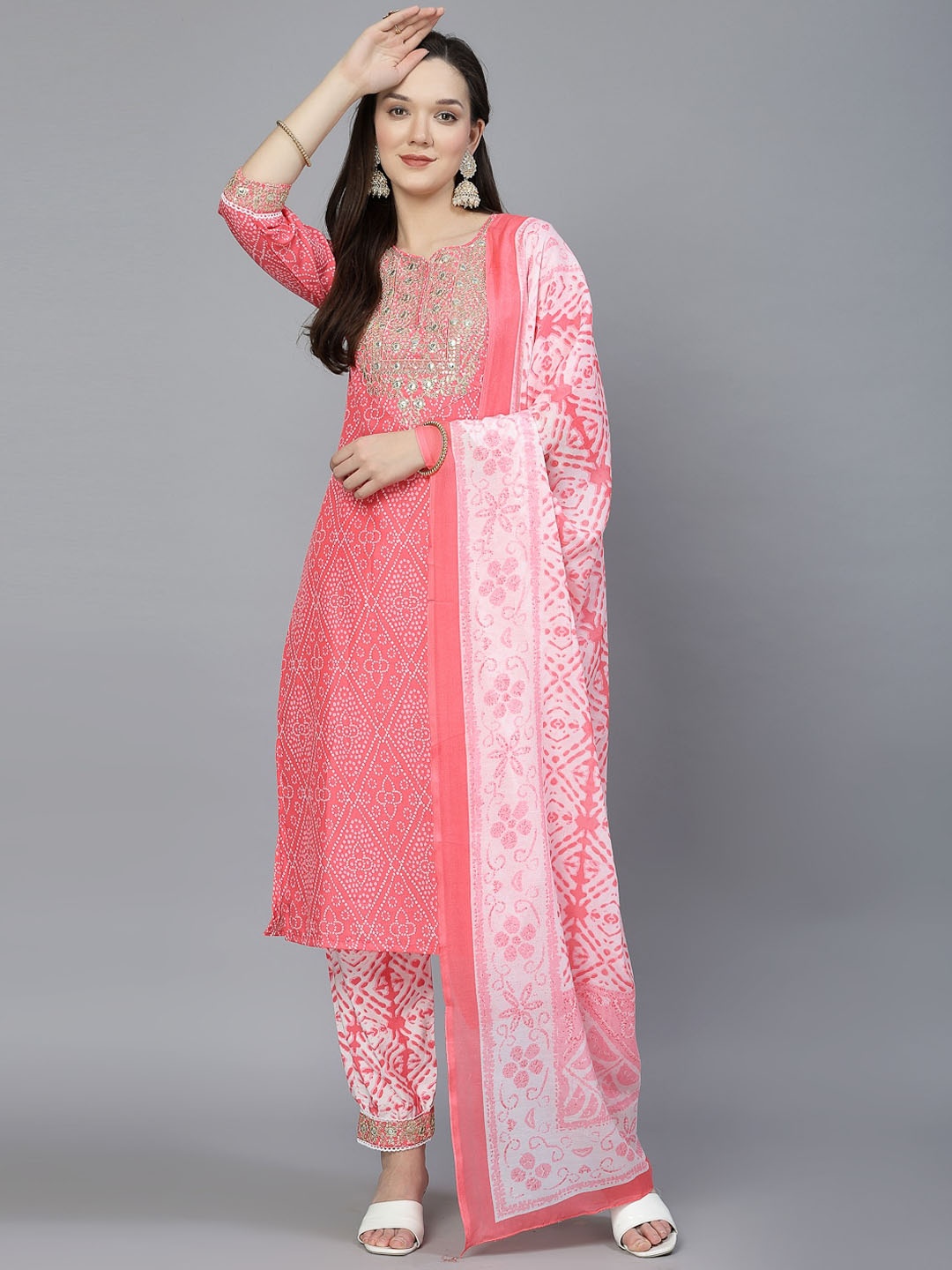 

BAESD Bandhani Embroidered Regular Mirror Work Straight Kurta With Salwar & Dupatta, Pink