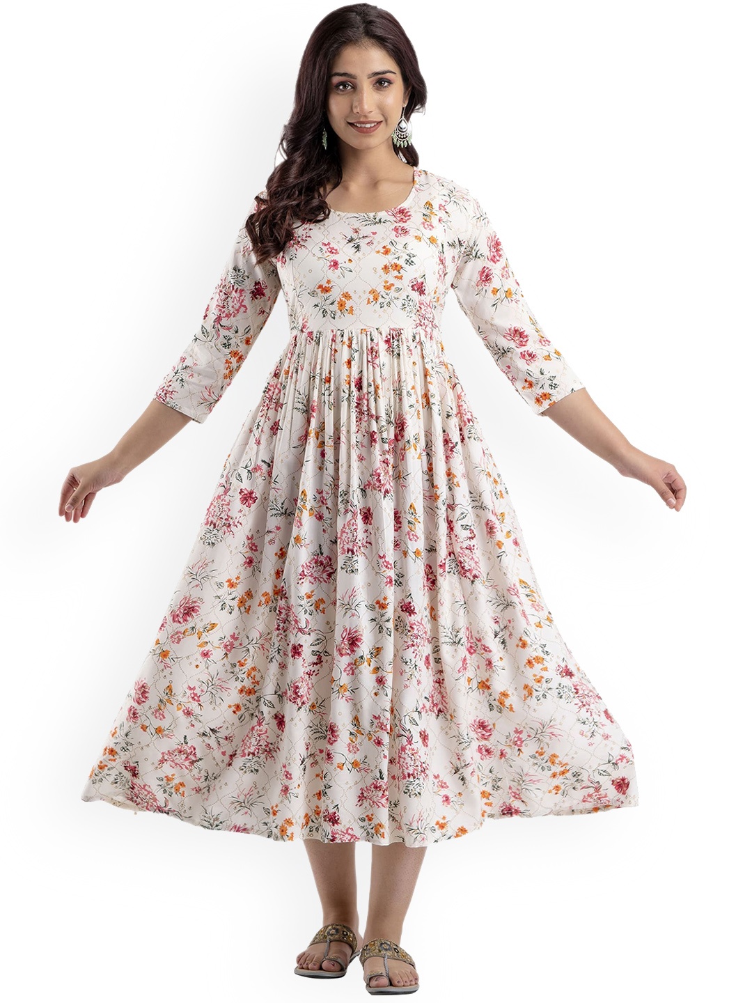 Charnest Floral Printed Round Neck Maternity A-Line Dress, White