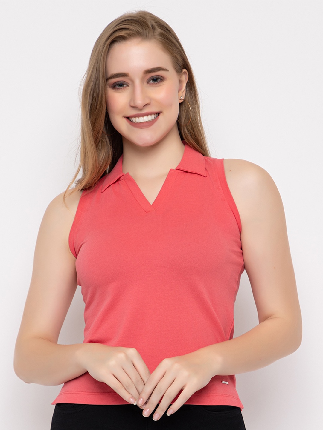 

FEMEA Polo Collar Sleeveless T-shirt, Coral