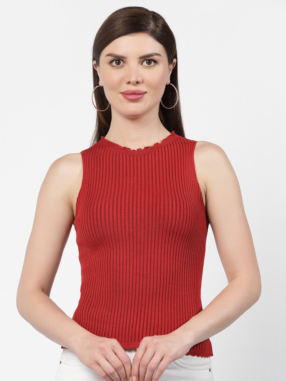 

Kalt Round Neck Ribbed Fitted Cotton Top, Red
