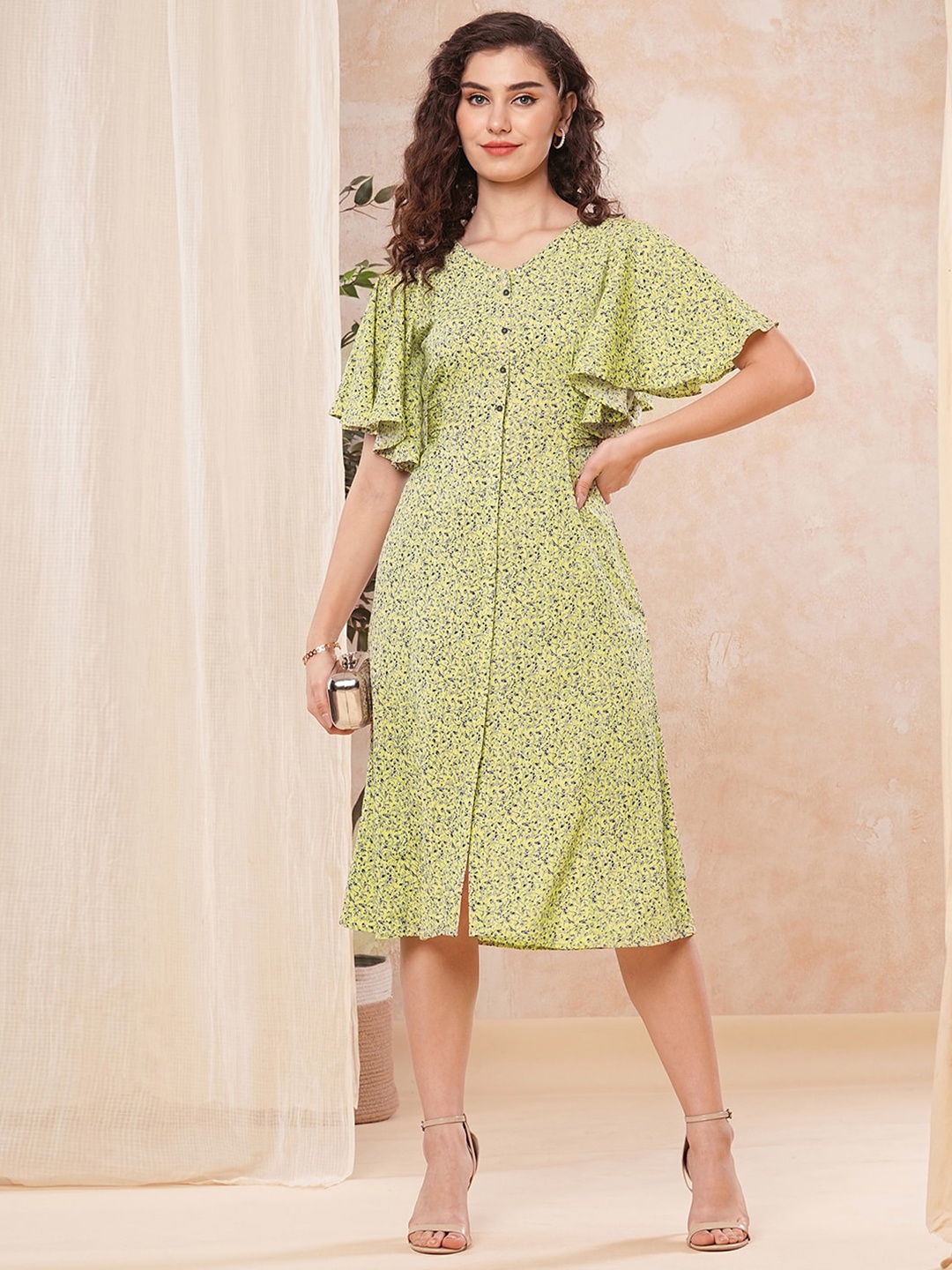 

Selvia Floral Printed Flared Sleeve Georgette A-Line Midi Dress, Yellow