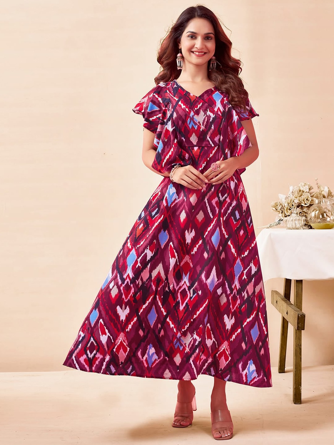 

Selvia Printed Flutter Sleeve Maxi Dress, Purple