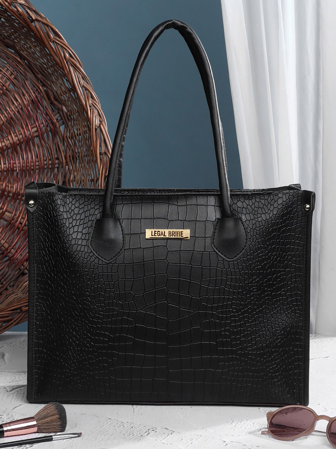 

LEGAL BRIBE Textured Zip Detail PU Oversized Shoulder Bag, Black