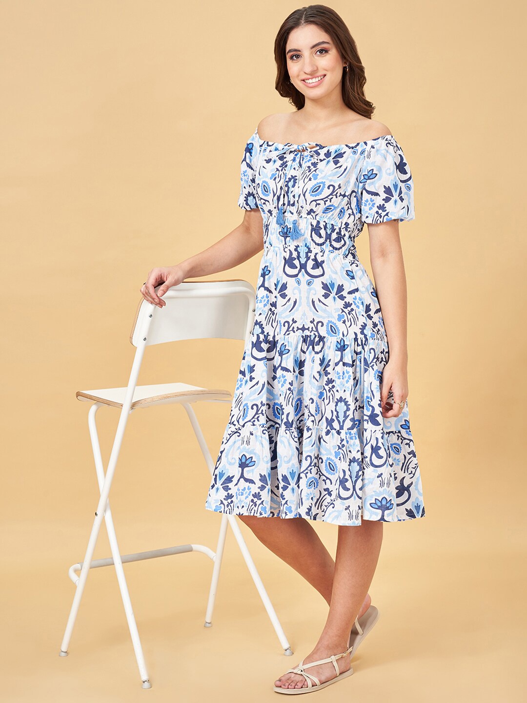 

YU by Pantaloons Floral Print Off-Shoulder Tiered Fit & Flare Dress, Blue