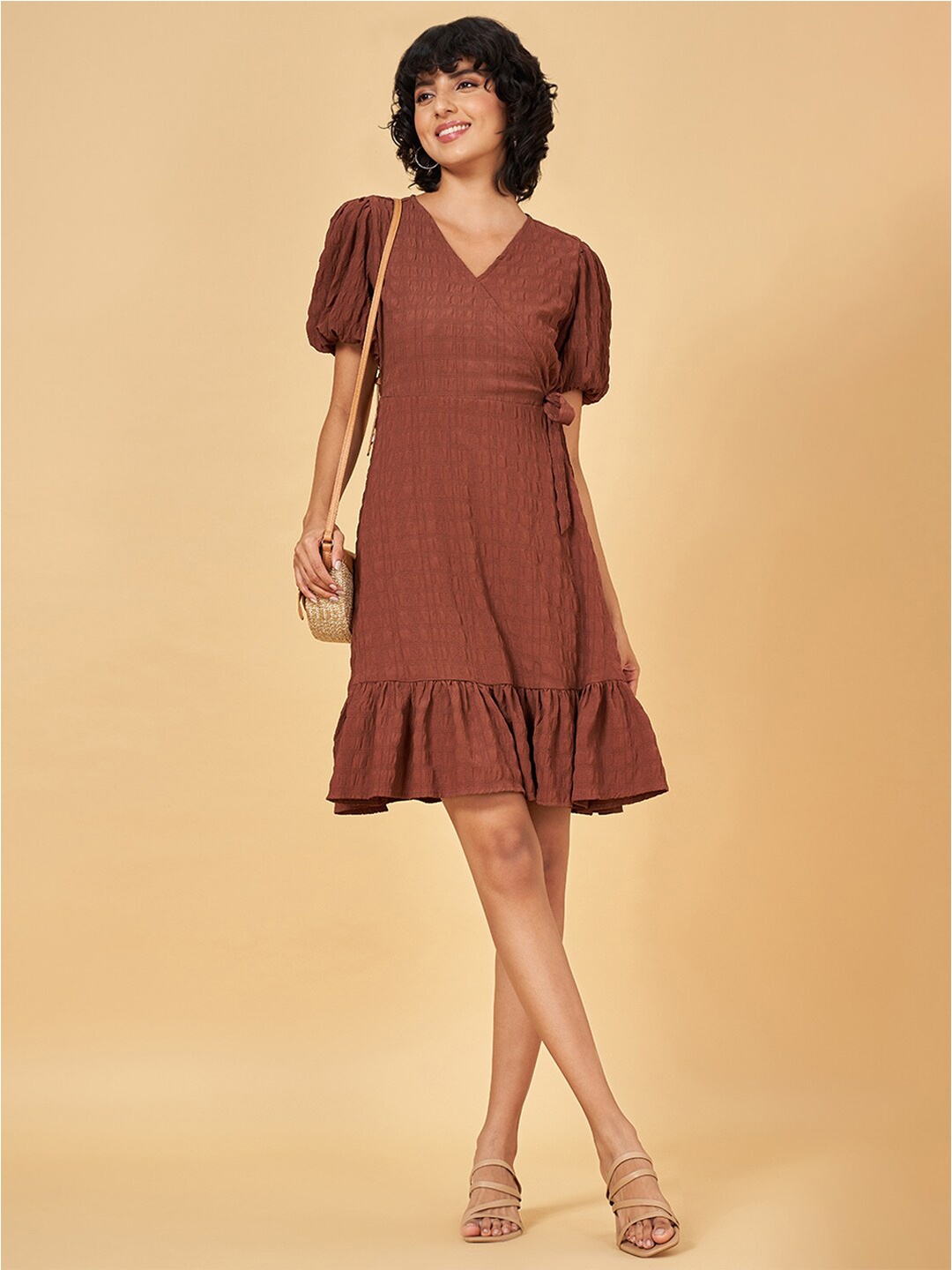 

YU by Pantaloons Self Design V-Neck Puff Sleeves Wrap Dress, Brown