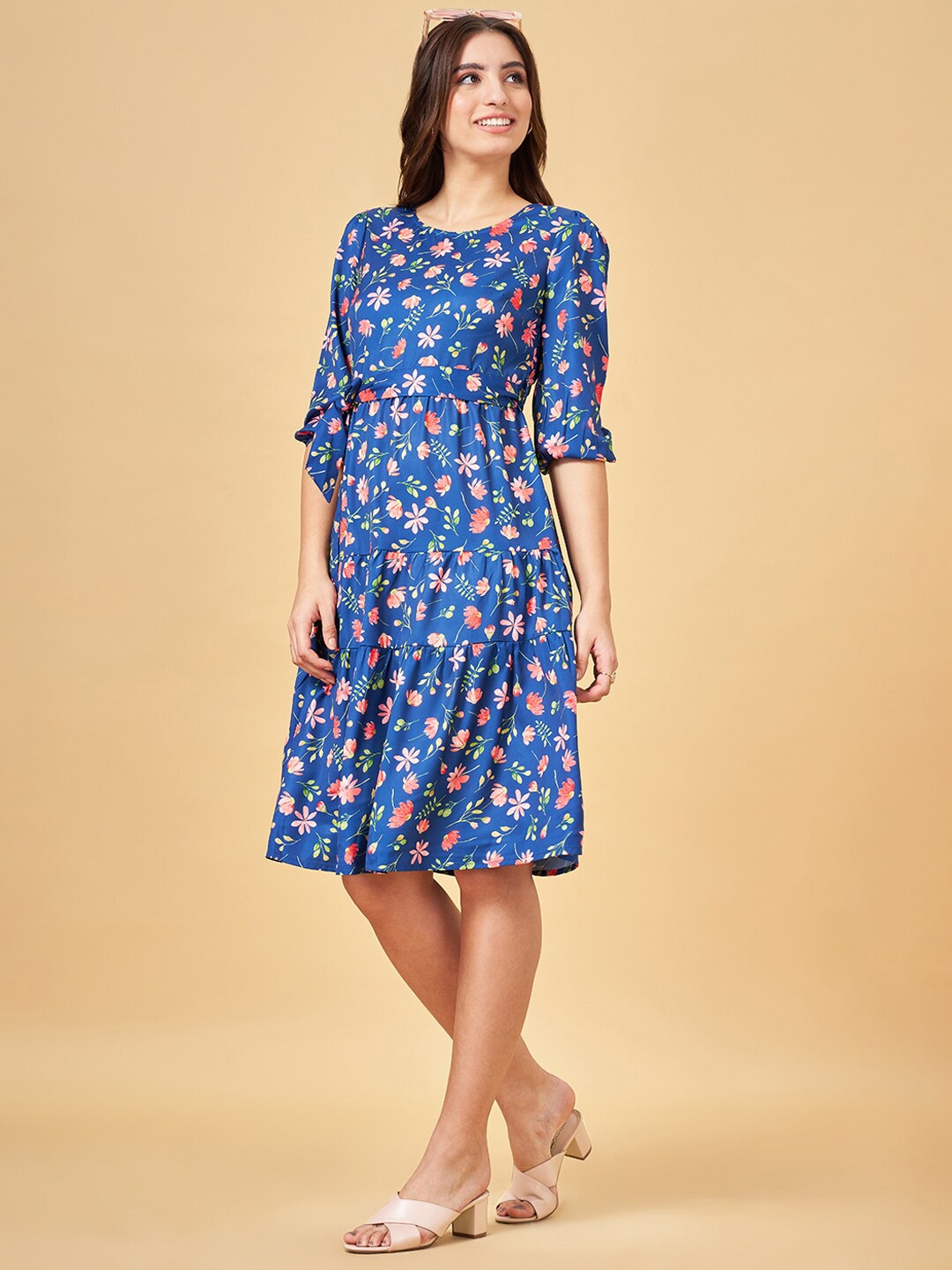 

YU by Pantaloons Floral Print Puff Sleeves Tiered A-Line Dress, Navy blue