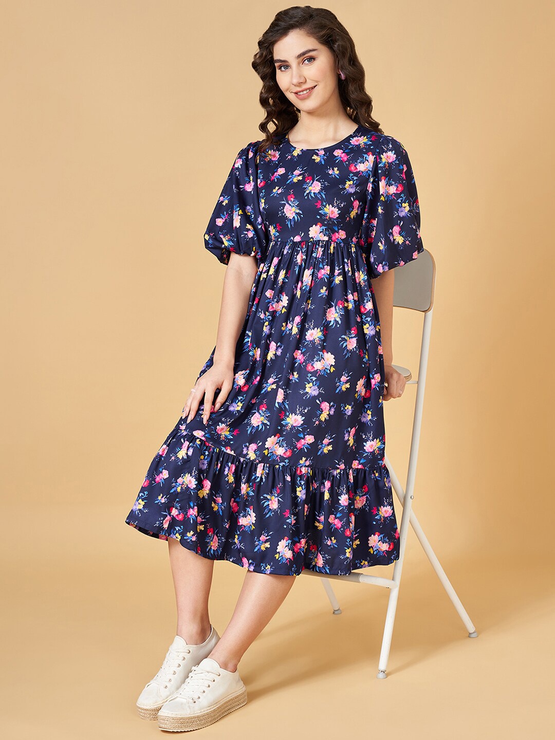 

YU by Pantaloons Floral Print Fit & Flare Tiered Midi Dress, Blue