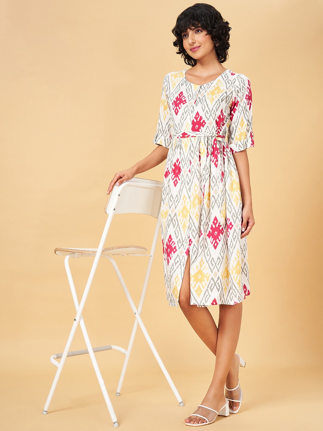 

YU by Pantaloons Abstract Print Round Neck A-Line Dress, Red