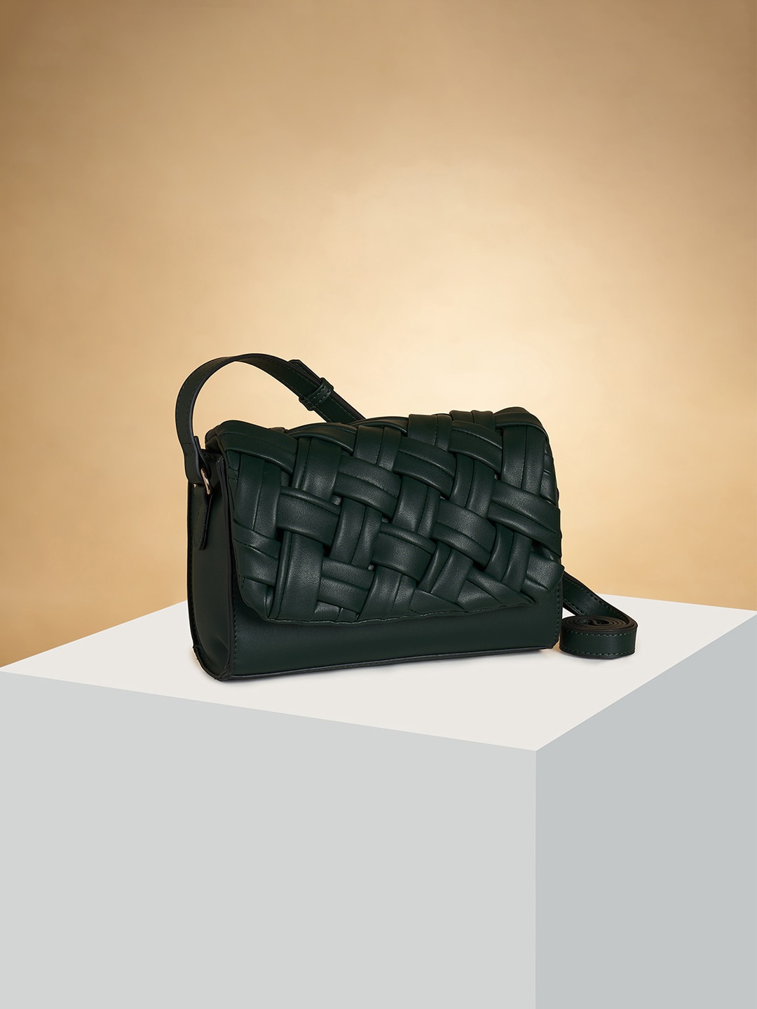 

Forever Glam by Pantaloons Textured Structured Sling Bag, Green