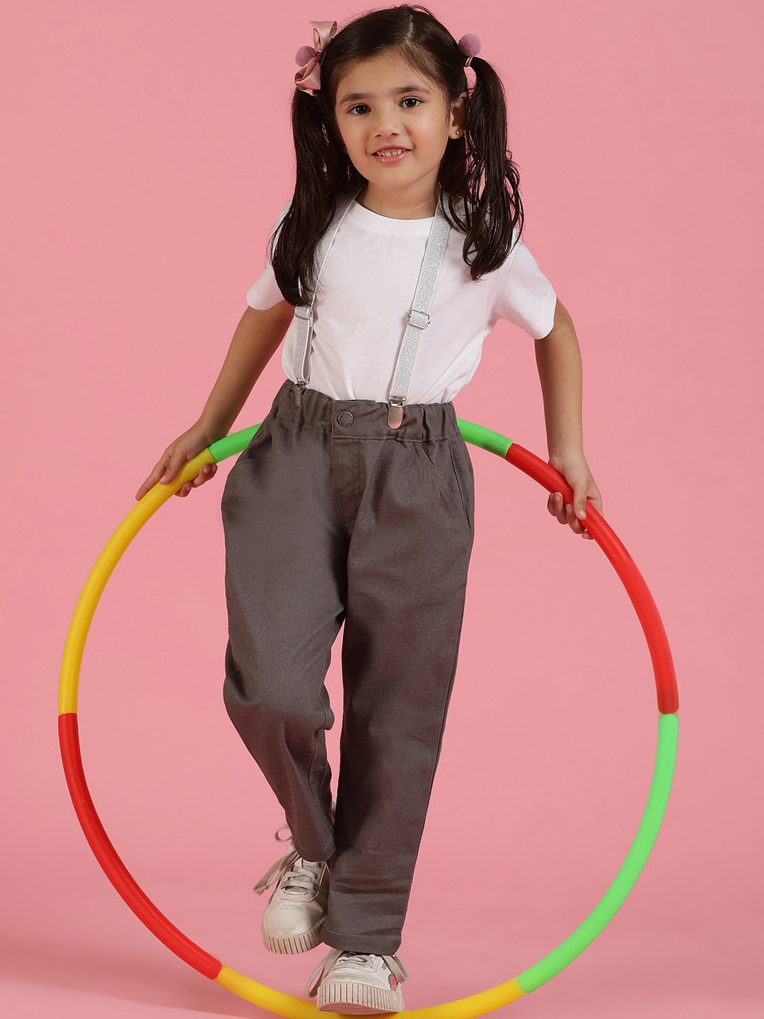 

TALES & STORIES Girls Mom Fit Mid-Rise Trousers With Suspender, Grey